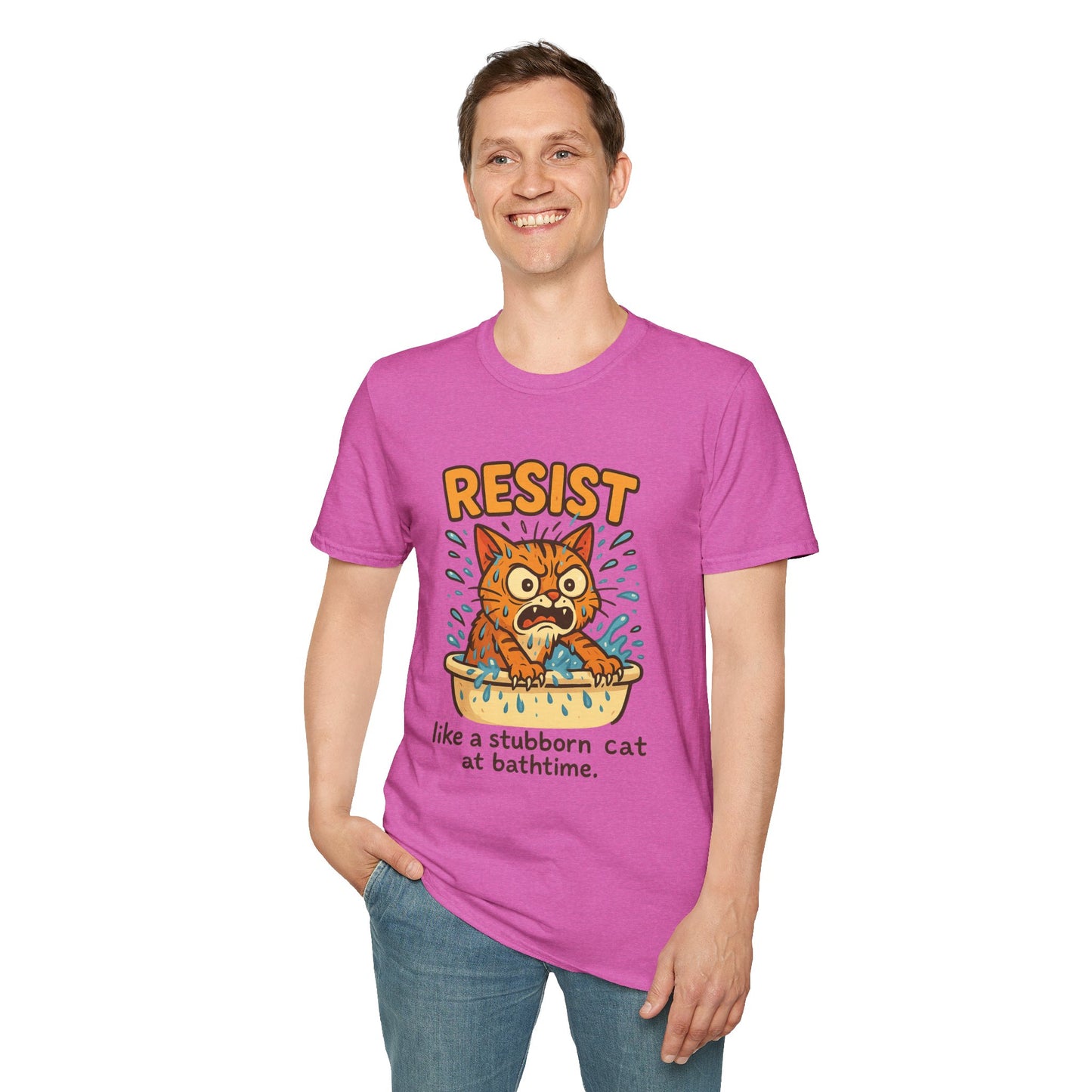 Resist Like A Stubborn Cat At Bathtime Funny Cat Lover Graphic Tee - Quirky Self Care Shirt - Gift For Pet Moms, Dads and Humor Fans