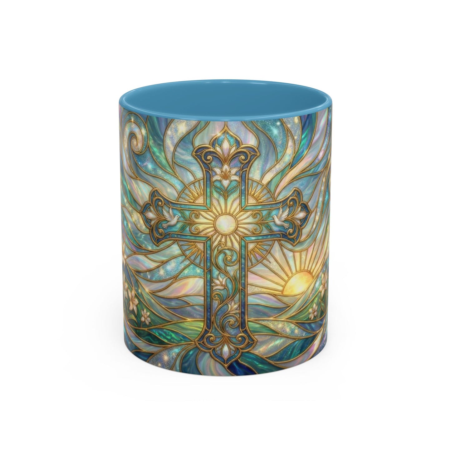 Stained Glass Cross Mug, Christian Coffee Cup, Religious Easter Gift, Celestial Faith Mug, Spiritual Sunrise Cup, Dove Lily Print Mug
