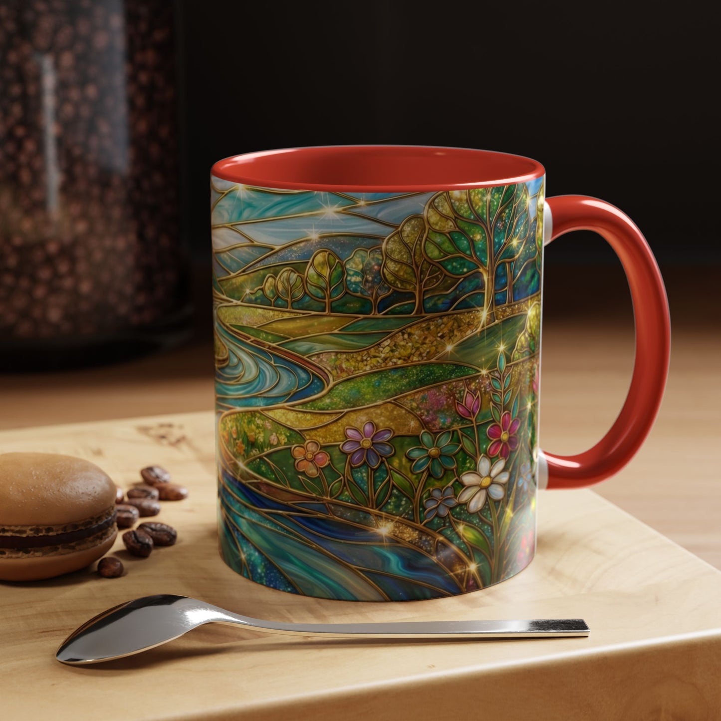 Stained Glass Mug, River Landscape Coffee Cup, Nature Lover Gift, Floral Tea Mug, Gardener Present, Art Teacher Gift, Colorful Scenery Cup