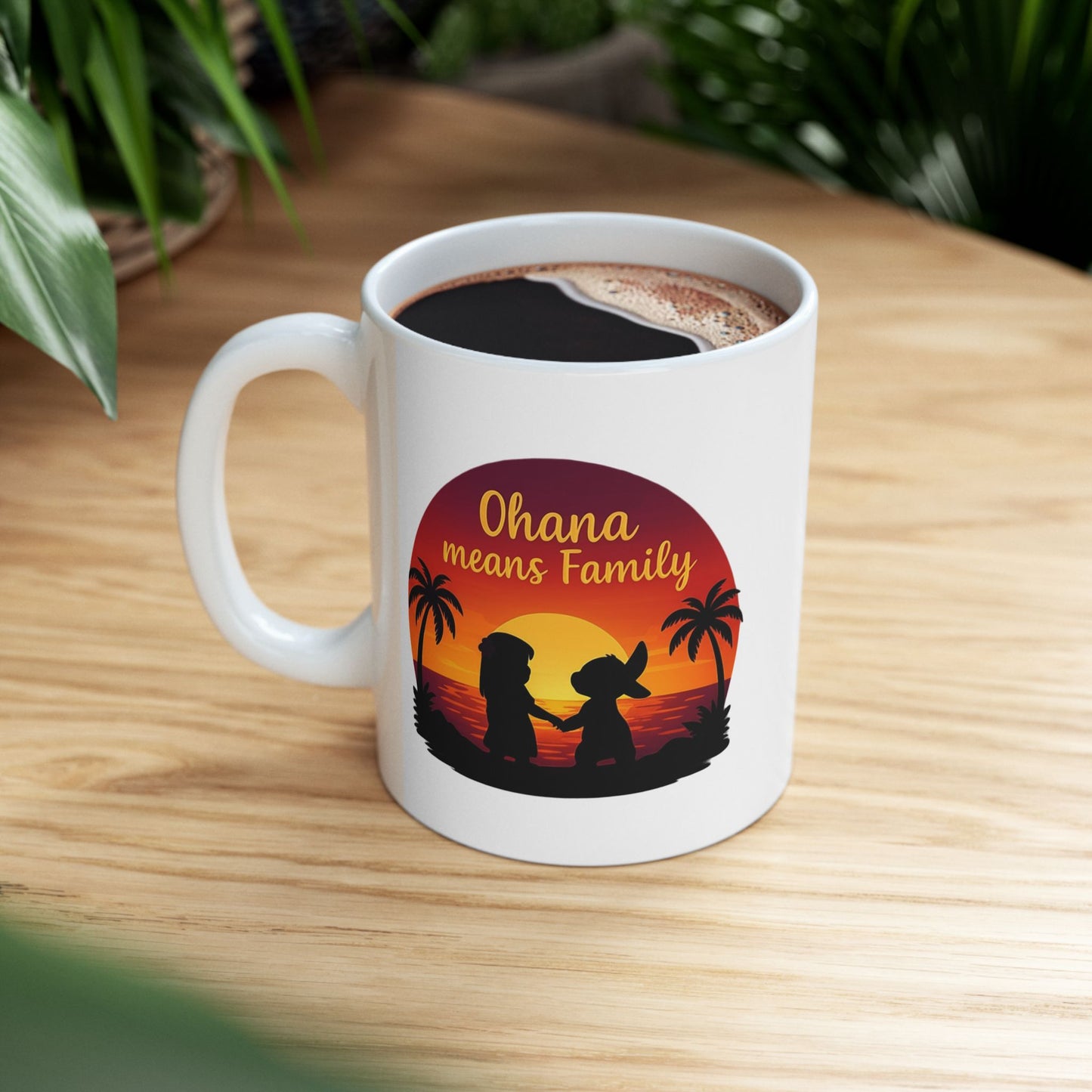 Ohana Means Family Mug – Cute Hawaiian Coffee Cup, Tropical Sunset Gift, Family Inspired Mug for Mom, Wife, or Best Friend