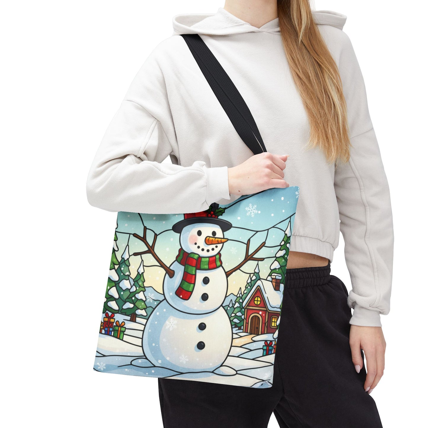 Stained Glass Snowman Christmas Tote Bag, Holiday Art Tote, Festive Winter Gift Bag, Colorful Christmas Scene Reusable Shopping Bag