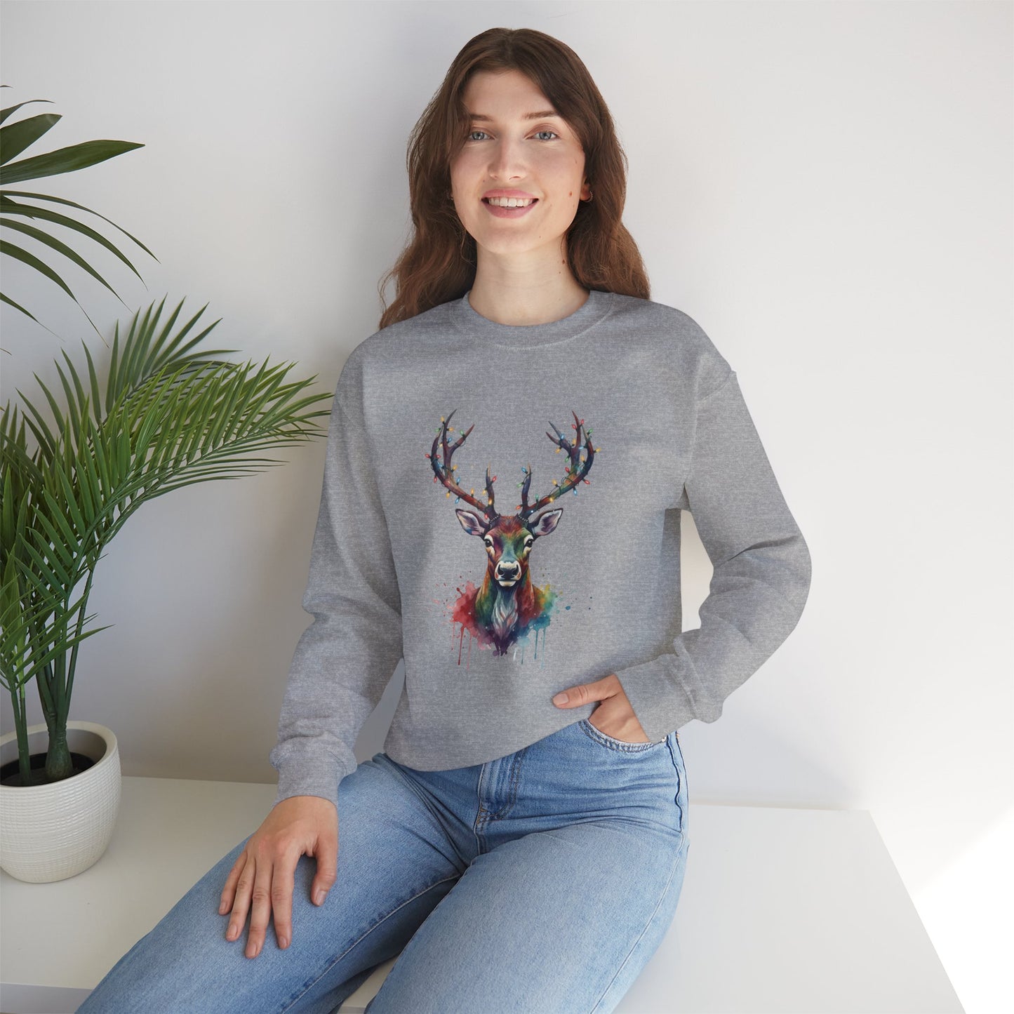 Colorful Reindeer Christmas Sweatshirt, Holiday Deer Lights Sweater, Watercolor Winter Crewneck, Festive Cozy Gift For Him Or Her