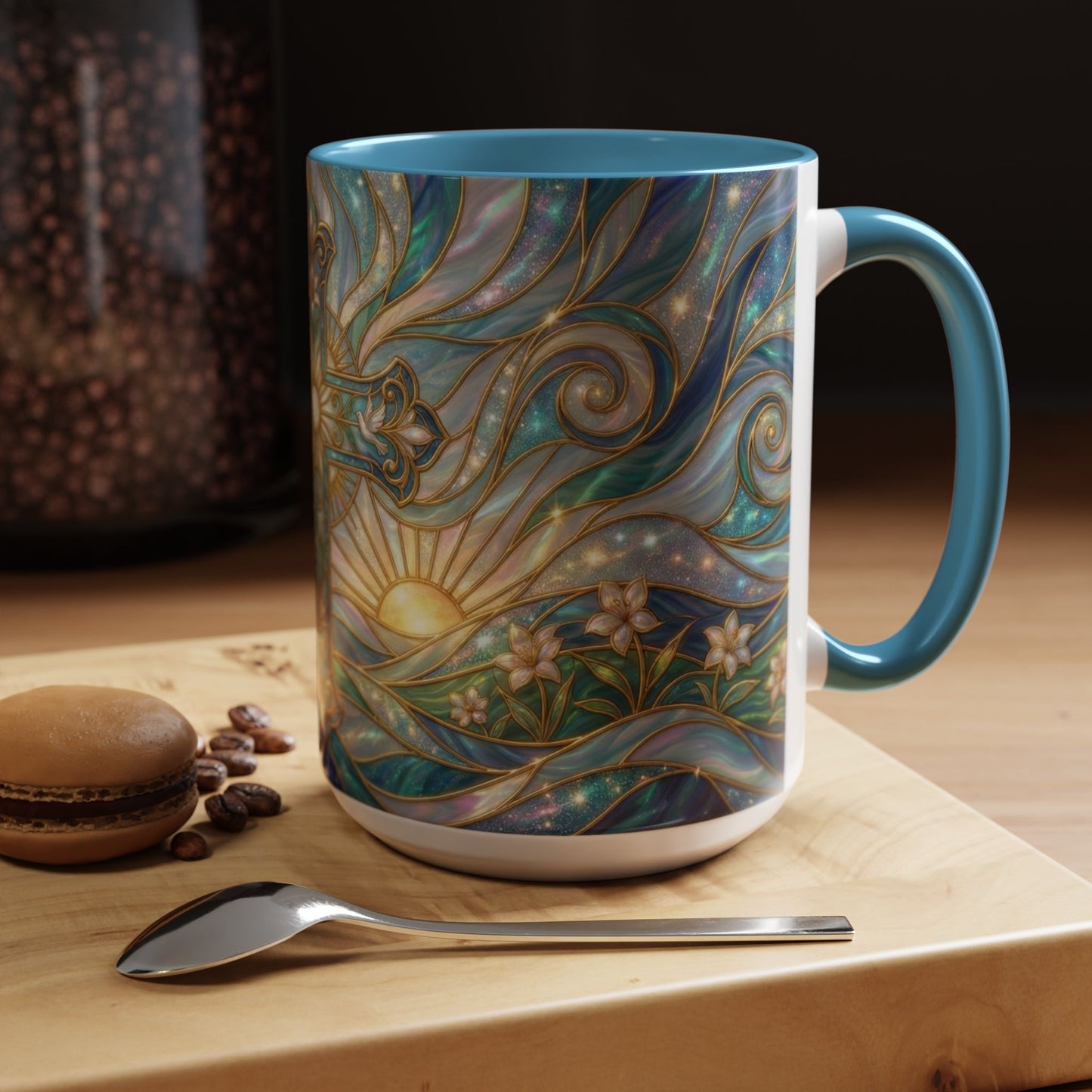 Stained Glass Cross Mug, Christian Coffee Cup, Religious Easter Gift, Celestial Faith Mug, Spiritual Sunrise Cup, Dove Lily Print Mug