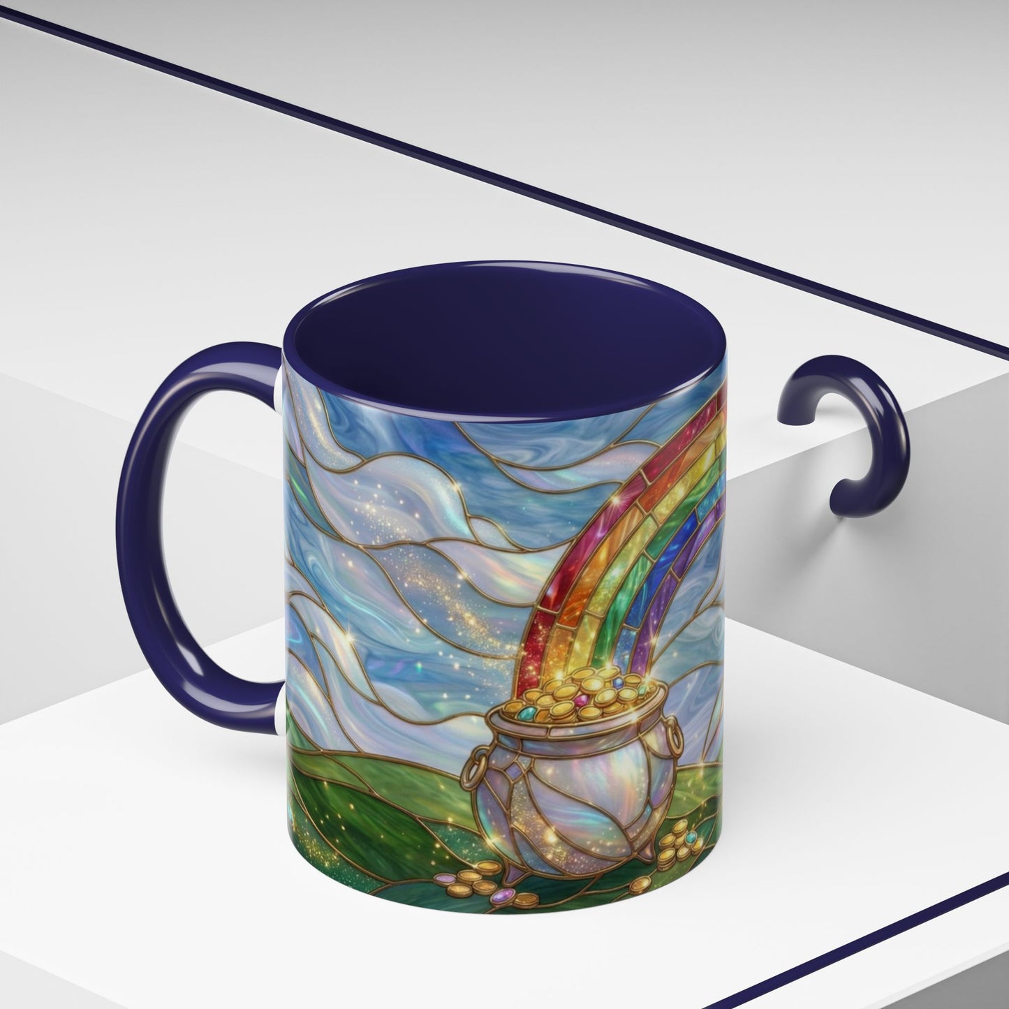Stained Glass Rainbow Mug, Pot Of Gold Coffee Cup, St Patricks Day Gift, Whimsical Magical Art Mug, Lucky Irish Leprechaun Treasure