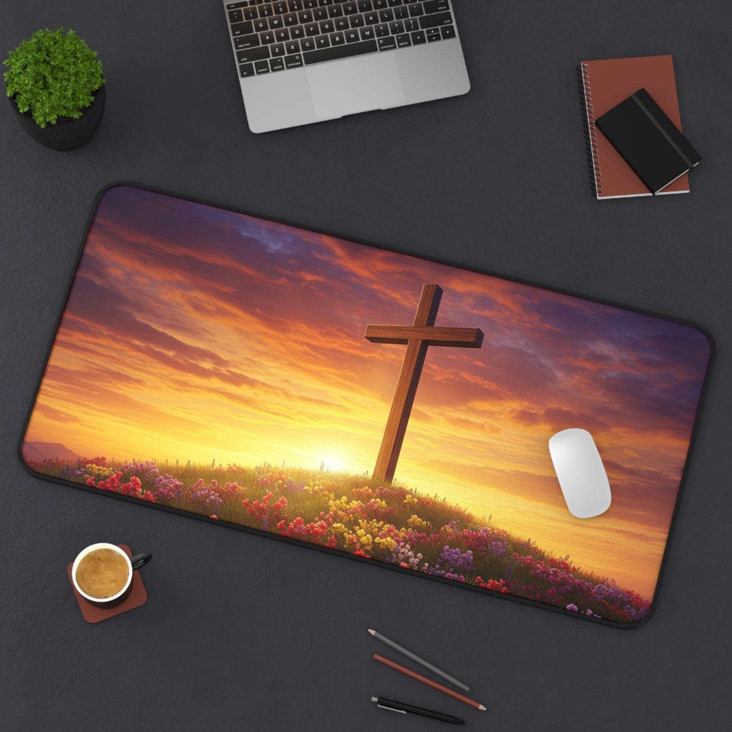 Desk Mat - Cross on a Hill DaVinci Style Christian Mouse Pad Religious Decor Spiritual Desk Mat Gift for Believers