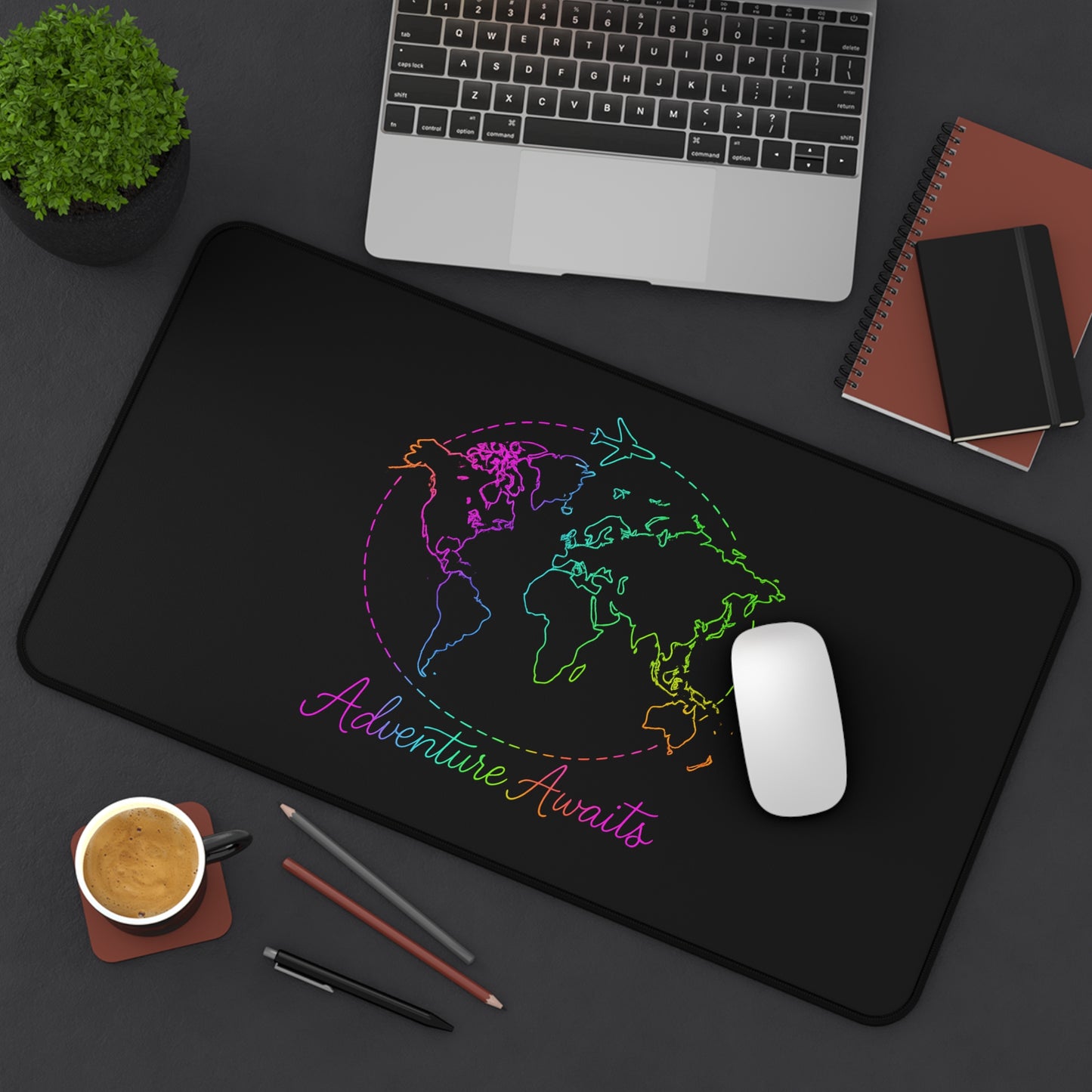 Adventure Awaits Neon Desk Mat - Y2K Rainbow World Map and Airplane XL Mouse Pad for Travel Aesthetic Office, Gaming & Study Desk