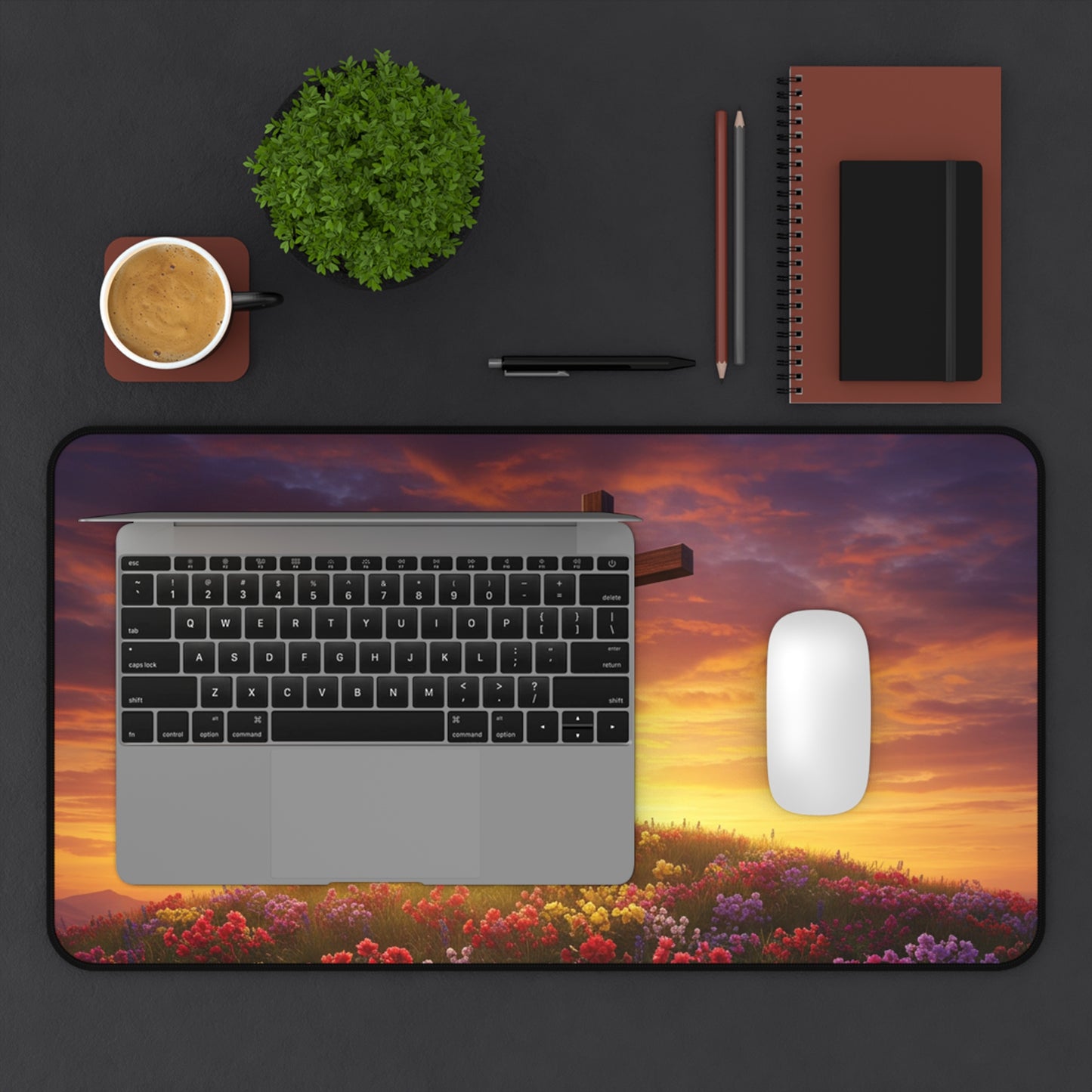 Desk Mat - Cross on a Hill DaVinci Style Christian Mouse Pad Religious Decor Spiritual Desk Mat Gift for Believers