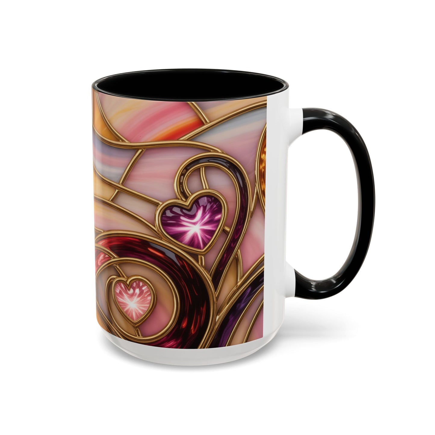 Stained Glass Heart Mug, Romantic Love Coffee Cup, Pink Red Gold Glass Style Mug, Valentine Gift For Her, Anniversary Wedding Decor