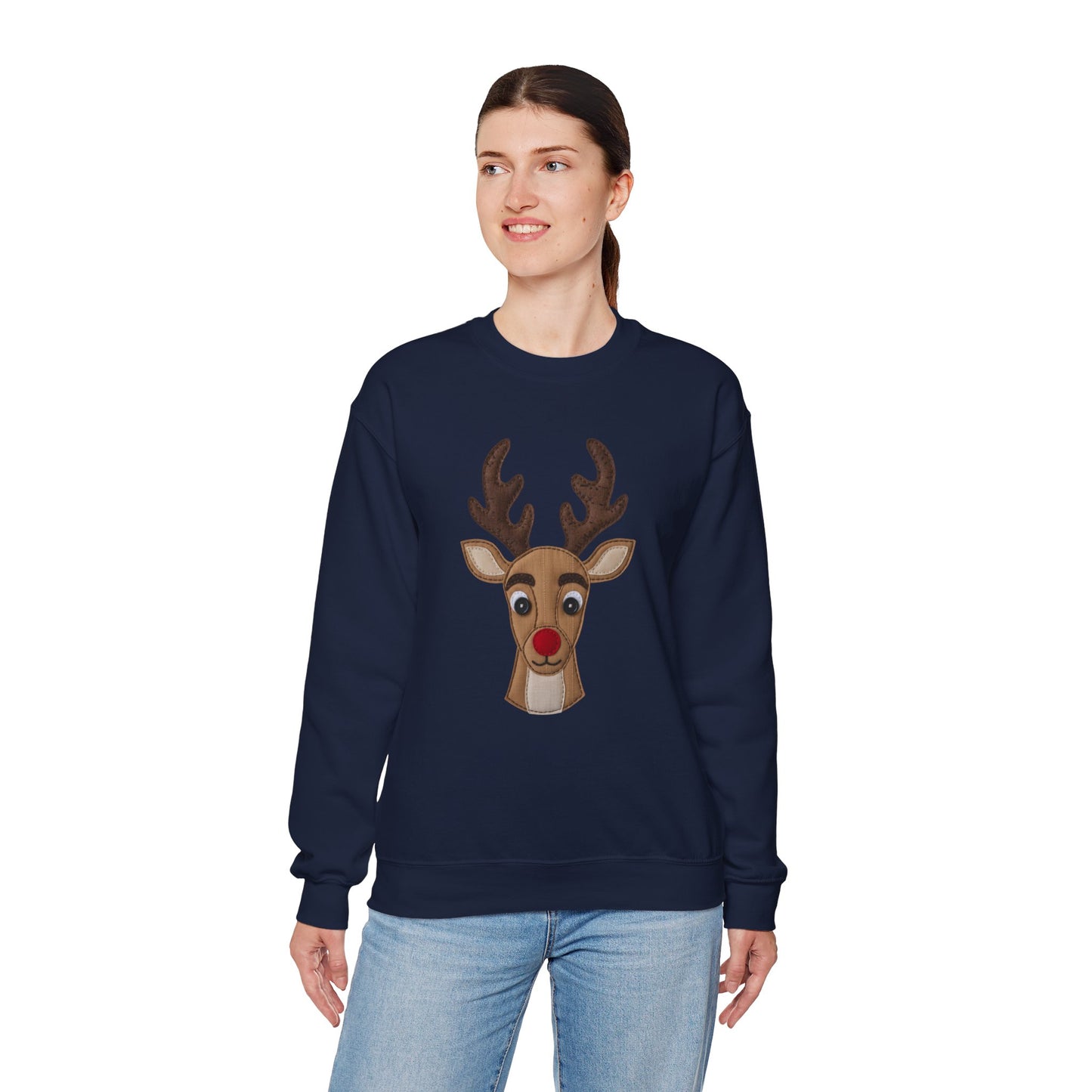 Faux Patchwork Rudolph Sweatshirt, Cute Reindeer Christmas Crewneck, Cozy Holiday Pullover, Winter Reindeer Sweater, Xmas Gift for Women