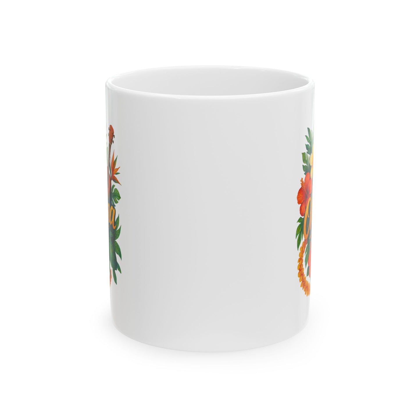 Ohana Hawaiian Mug - Tropical Coffee Cup with Ukulele & Hibiscus Flowers - Island Gift for Family, Friends, or Beach Lovers