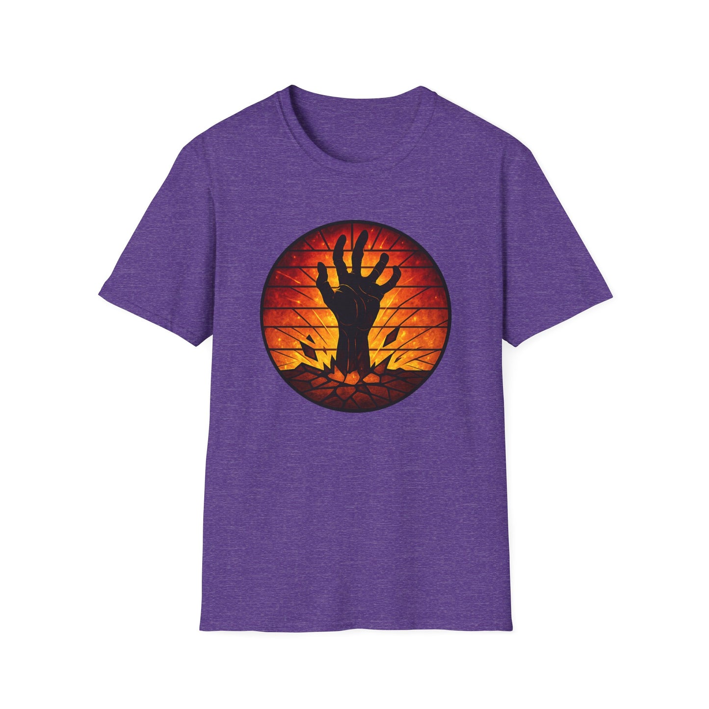 Zombie Hand Sunset T-Shirt – Stained Glass Horror Shirt, Halloween Gothic Tee, Undead Rising Art Tee, Creepy Spooky Shirt for Fall