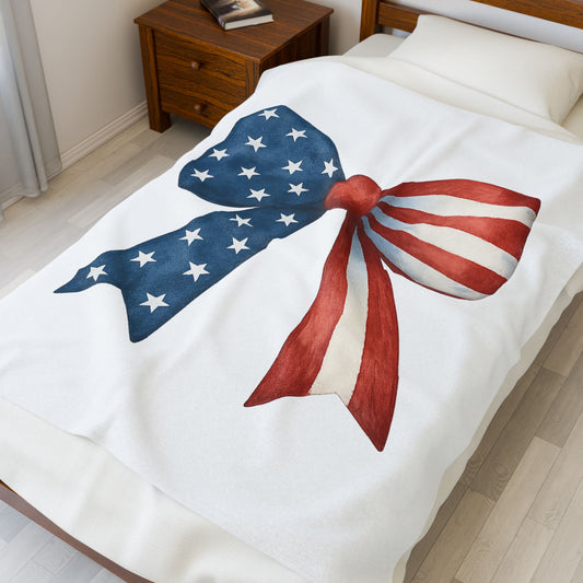 Patriotic Bow USA Blanket | 4th of July Throw | American Flag Blanket | USA Stars Stripes Decor | Cozy Fourth of July Gift | USA Home Decor