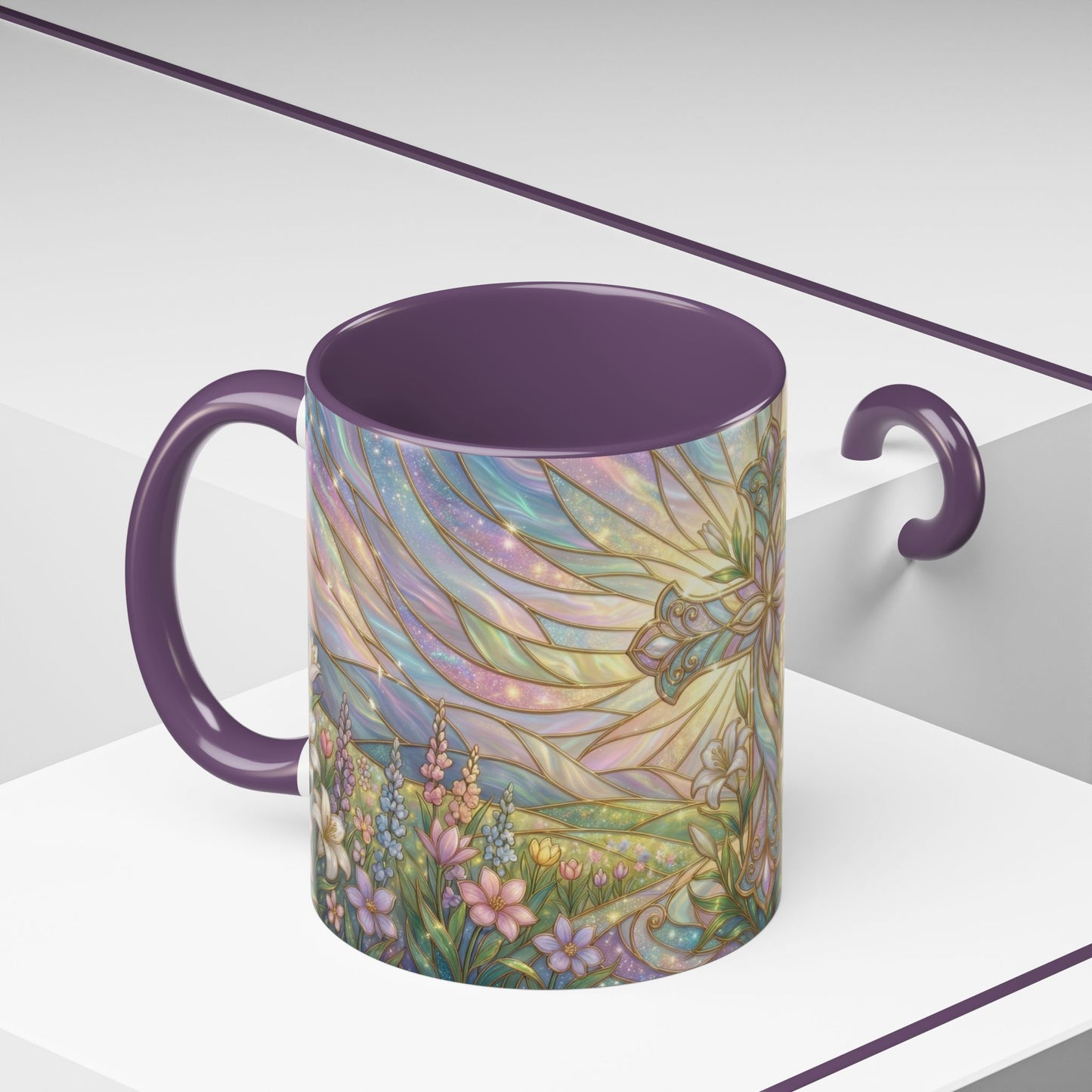 Stained Glass Cross Mug, Easter Lily Coffee Cup, Christian Religious Gift, Pastel Floral Faith Mug, Spring Believer Cup, Baptism Present