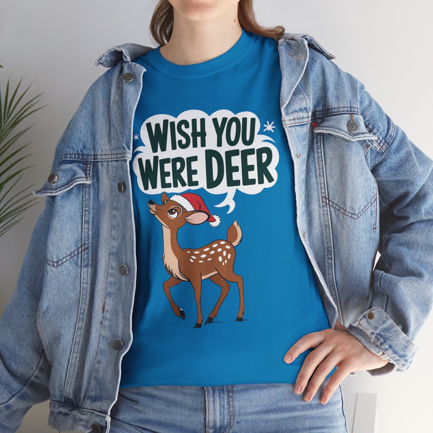 Wish You Were Deer Funny Christmas T-Shirt, Cute Reindeer Holiday Tee, Pun Christmas Shirt, Festive Santa Hat Deer Graphic Tee Gift