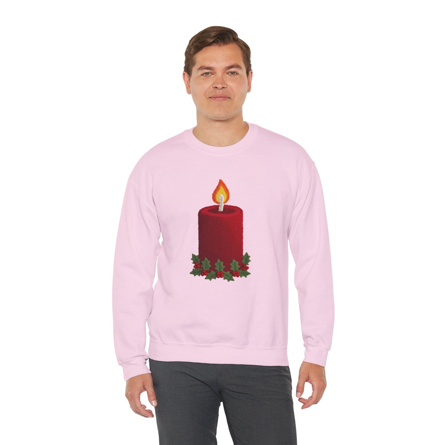 Faux Patchwork Crochet Candle Sweatshirt, Christmas Candle Sweater, Holiday Cozy Winter Crewneck, Cute Xmas Candle Sweatshirt, Unisex Holiday Top