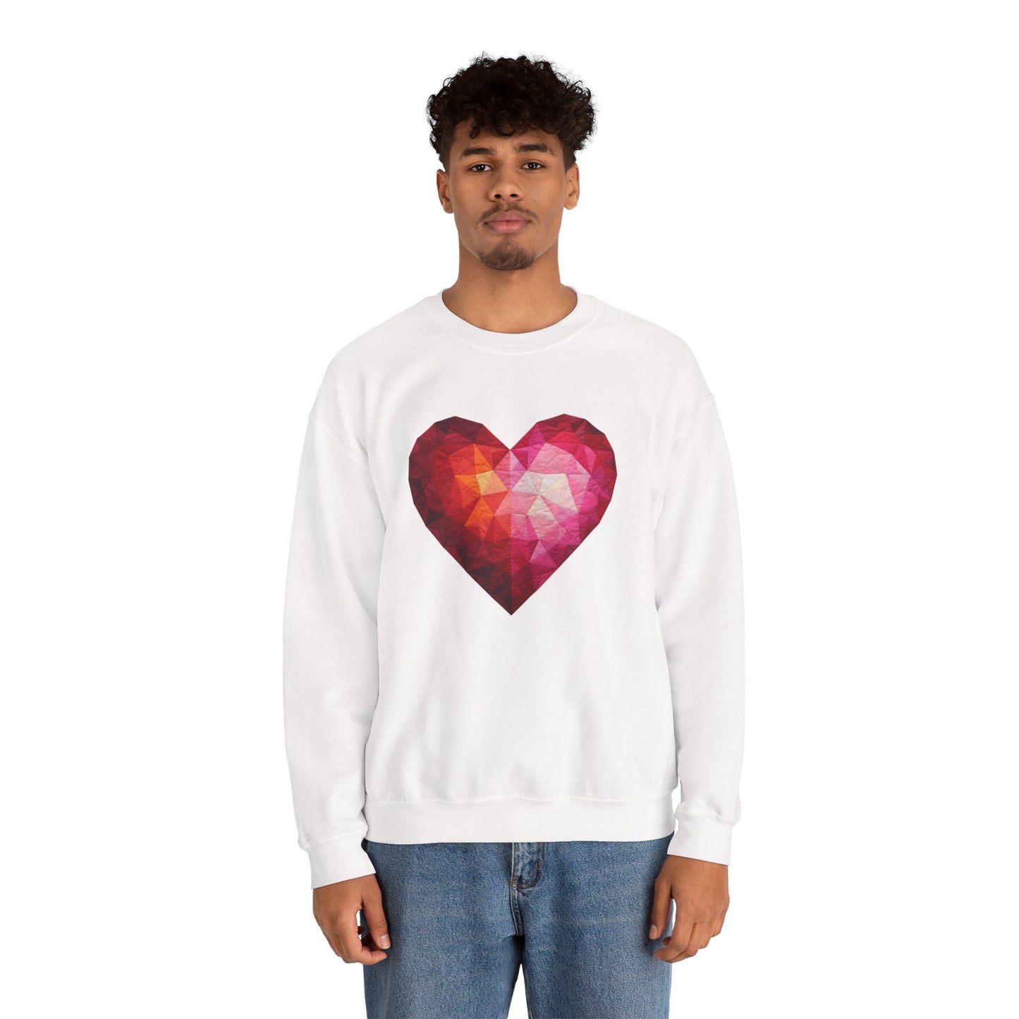 Faux Patchwork Heart Sweatshirt, Geometric Heart Sweater, Cute Valentines Sweatshirt, Cozy Pink Heart Crewneck, Winter Heart Pullover