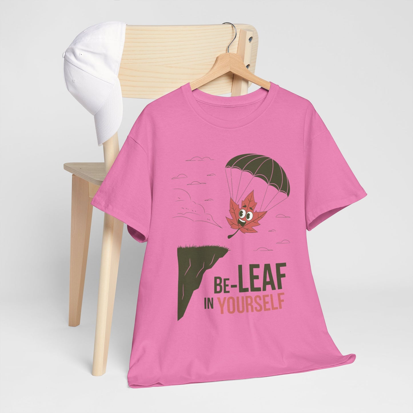 Be-Leaf In Yourself Maple Leaf Parachute T-Shirt | Funny Motivational Nature Graphic Tee | Self-Love Fall Autumn Shirt | Outdoorsy Gift