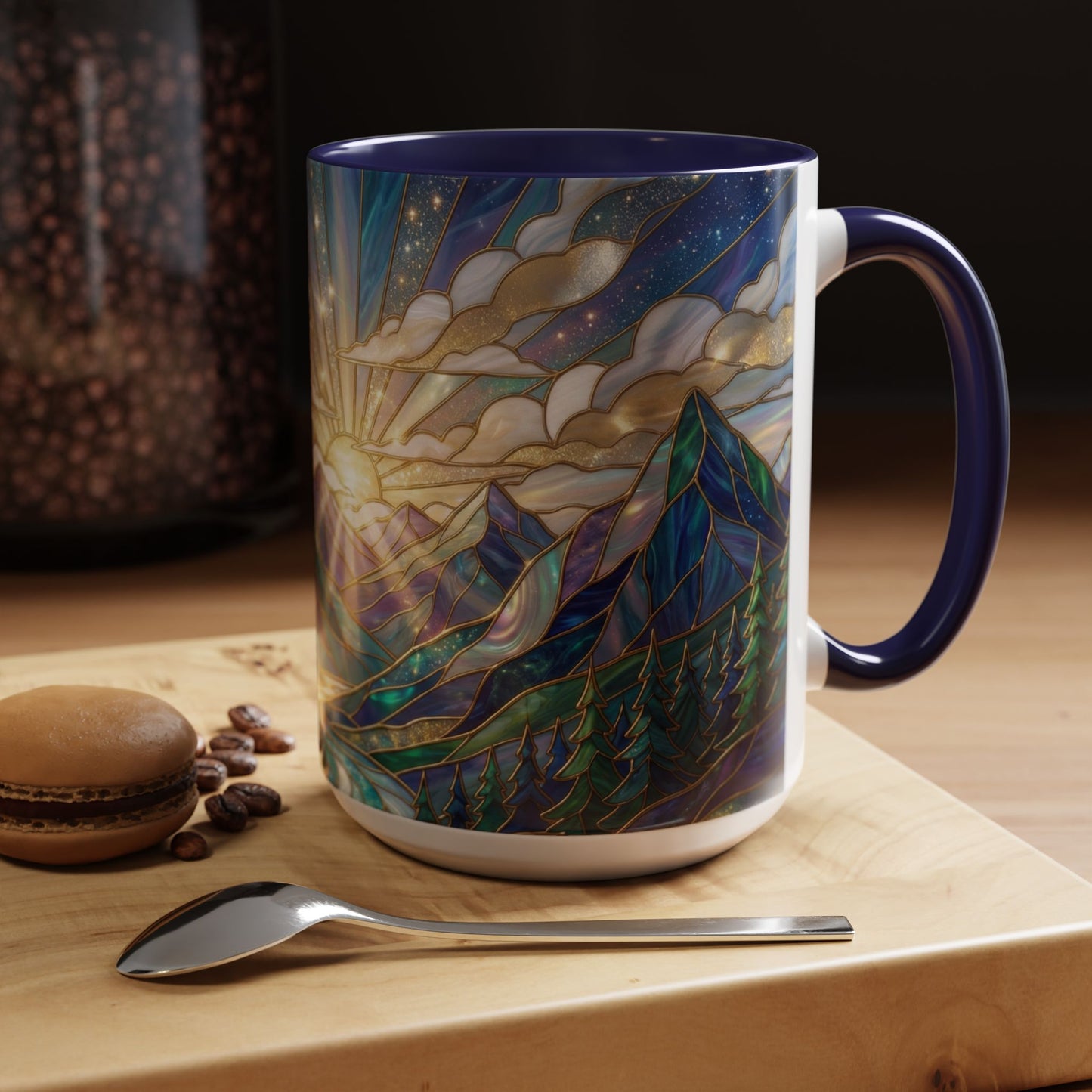 Mountain Art Mug, Scenic Mountain Coffee Cup, Nature Lover Ceramic Mug, Stained Glass Style Landscape, 11oz 15oz Gift, Outdoor Hiking Mug, Unique Coffee Tea Cup