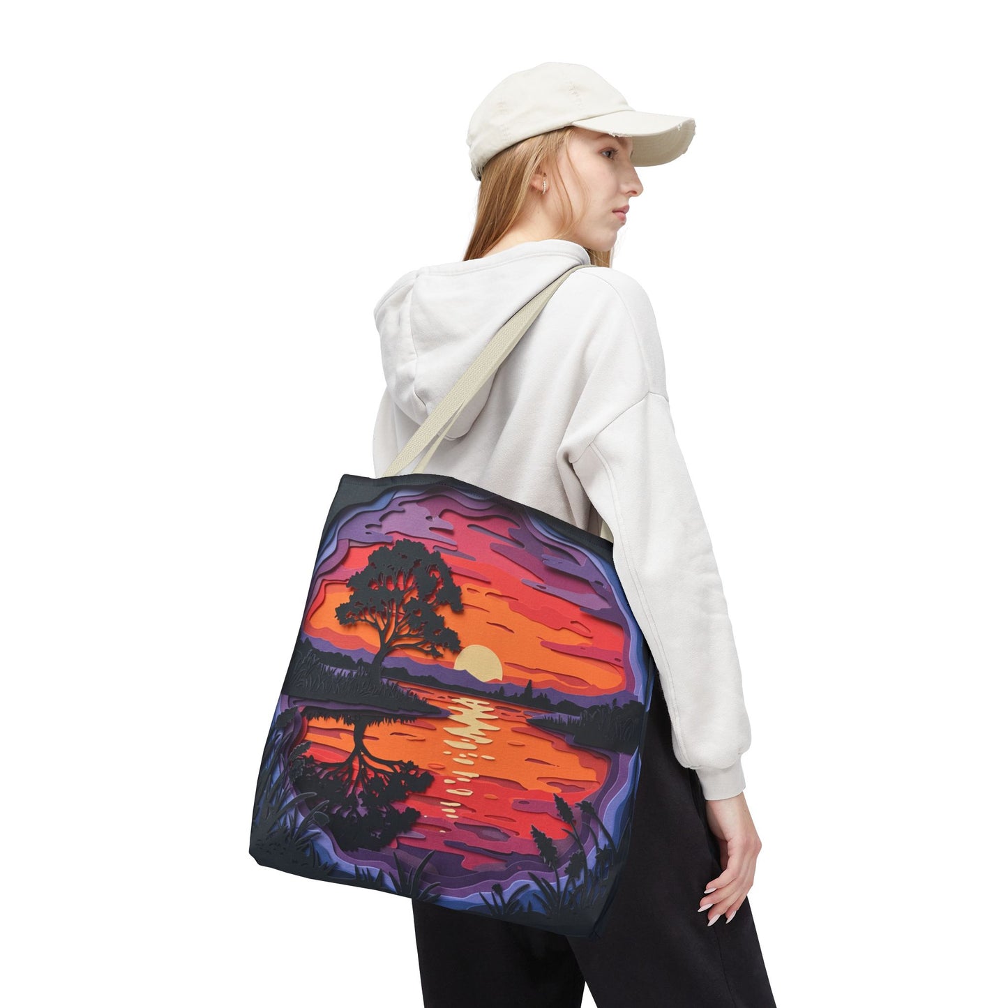 Sunset Landscape Canvas Tote Bag – Paper‑Art Inspired Nature Scene Tote – Colorful Sunset Market Tote, Eco Reusable Beach Bag, Vibrant Gift for Her