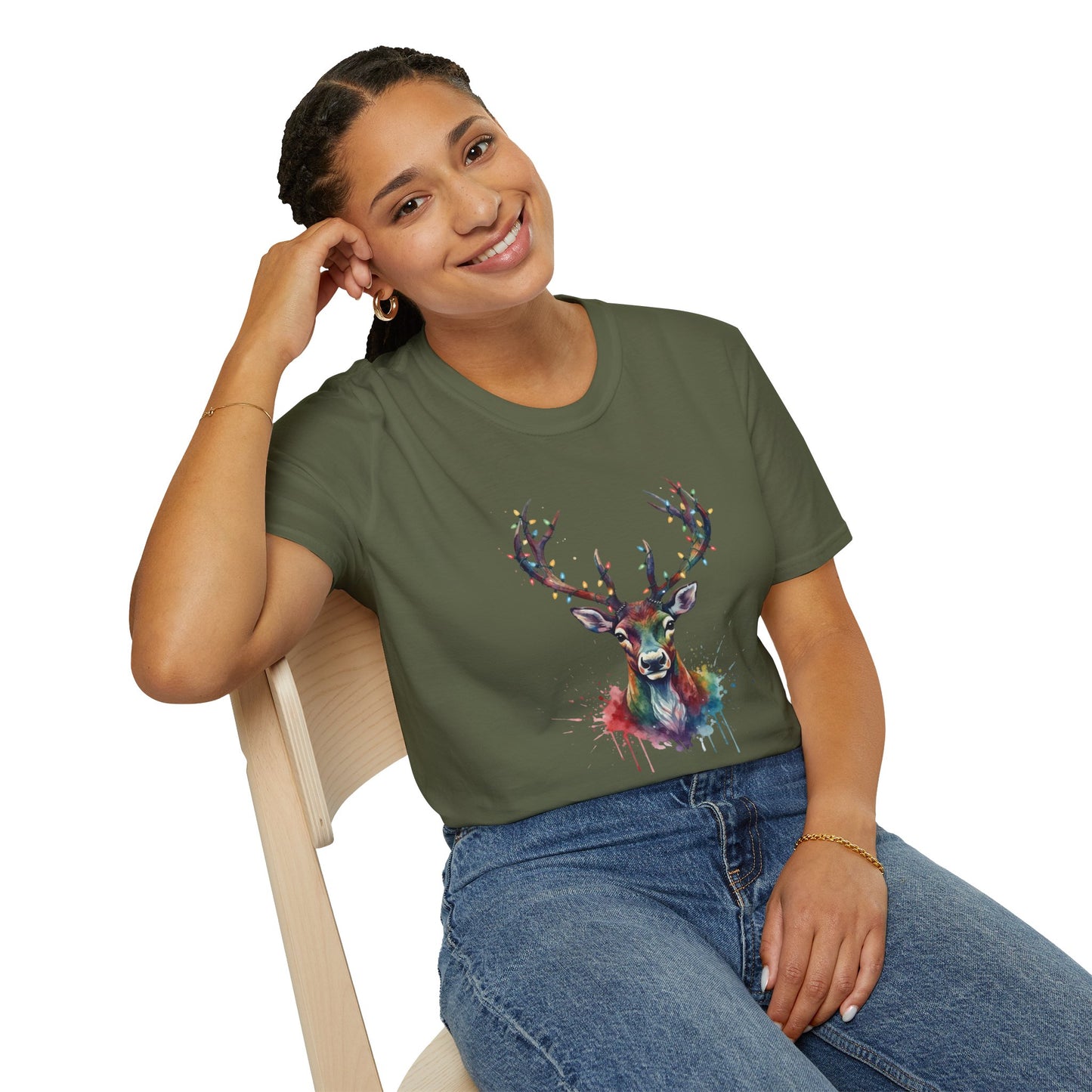 Christmas Deer Shirt, Watercolor Buck T-Shirt, Deer With Christmas Lights Tee, Holiday Wildlife Art Shirt, Colorful Deer Head Xmas Tee