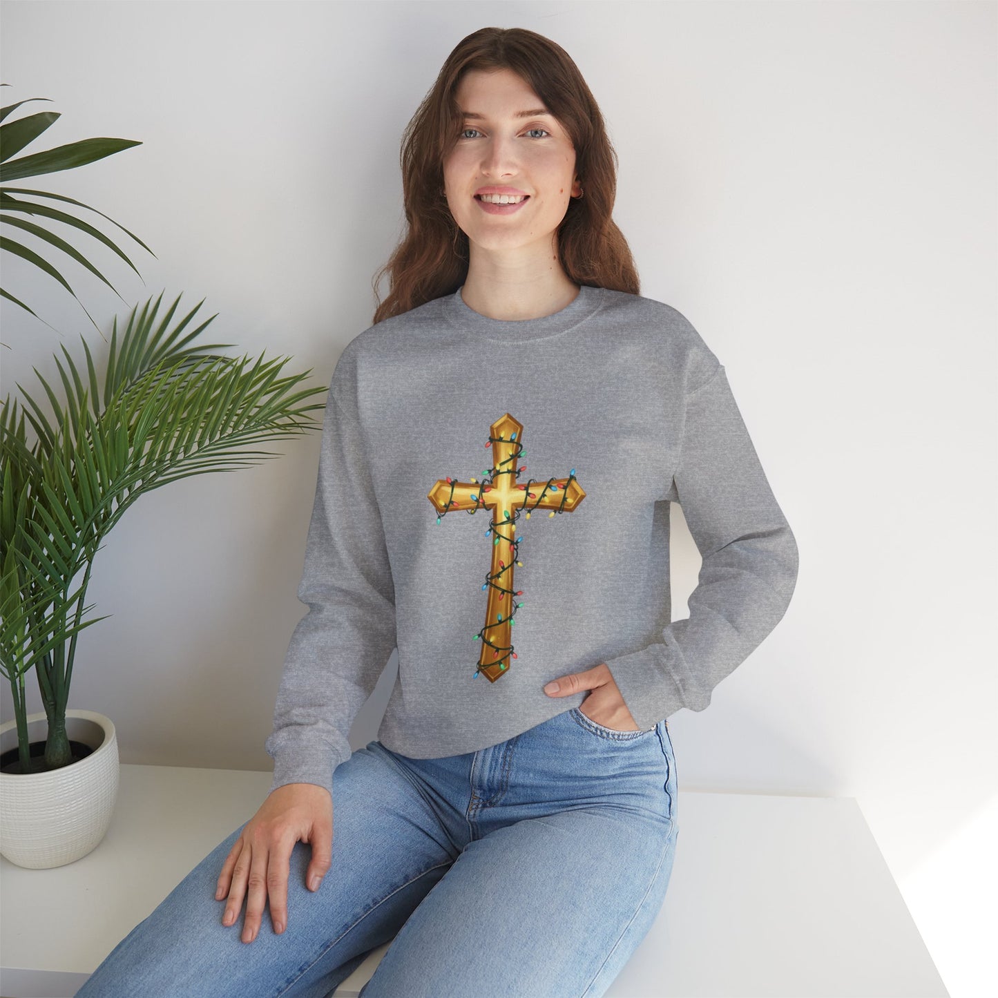 Christmas Cross Lights Sweatshirt, Christian Christmas Sweatshirt, Religious Holiday Cross Sweater, Jesus Christmas Gift, Faith