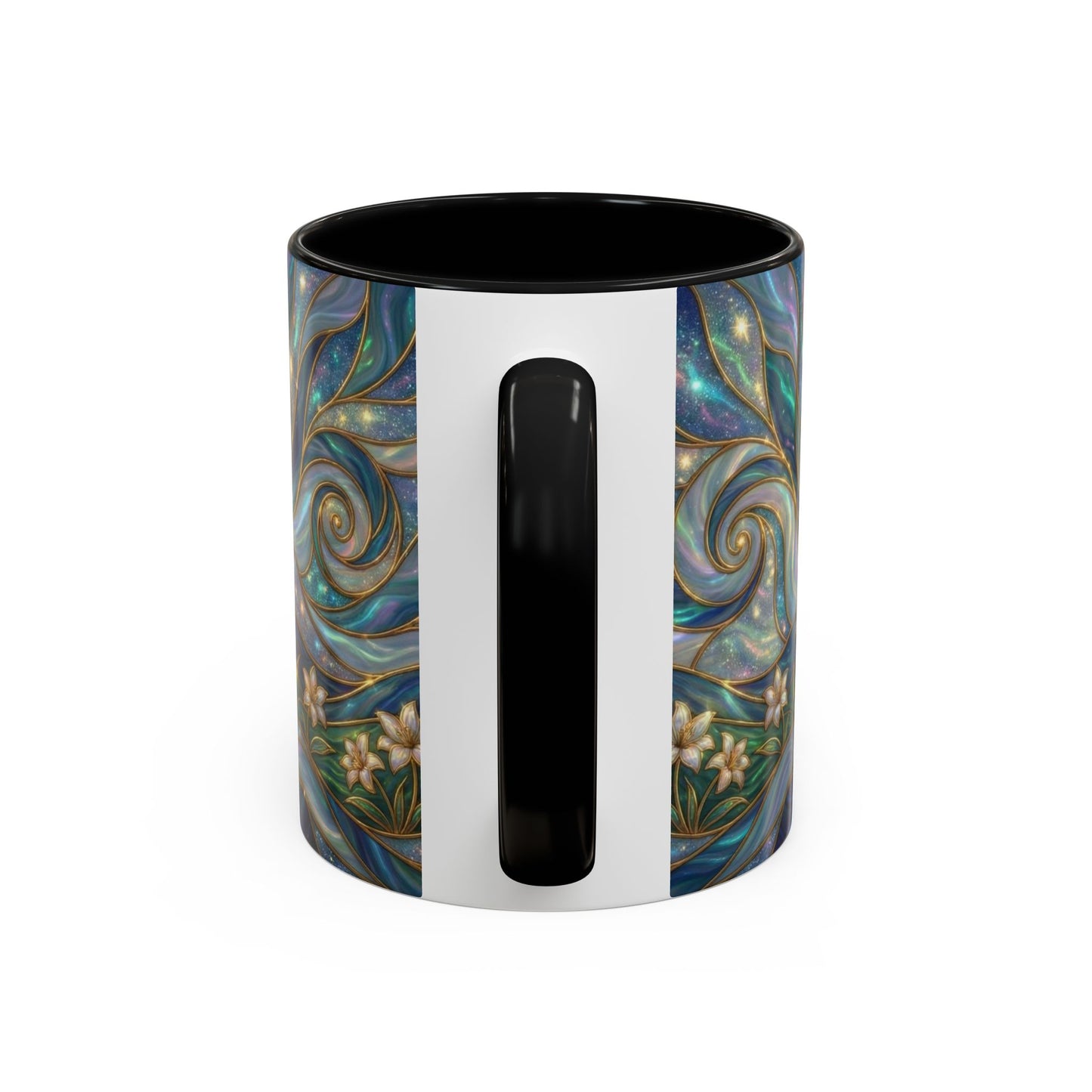 Stained Glass Cross Mug, Christian Coffee Cup, Religious Easter Gift, Celestial Faith Mug, Spiritual Sunrise Cup, Dove Lily Print Mug