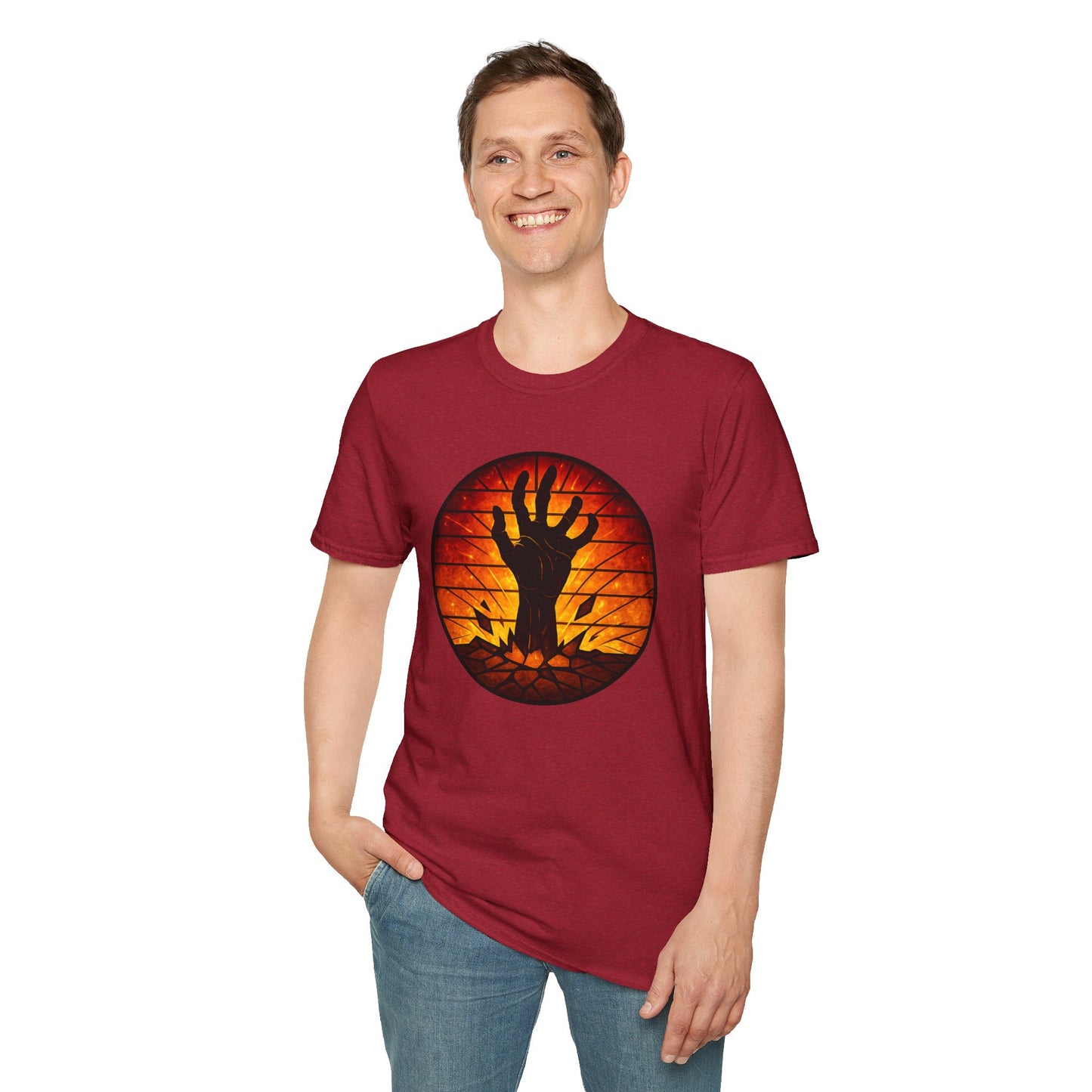 Zombie Hand Sunset T-Shirt – Stained Glass Horror Shirt, Halloween Gothic Tee, Undead Rising Art Tee, Creepy Spooky Shirt for Fall