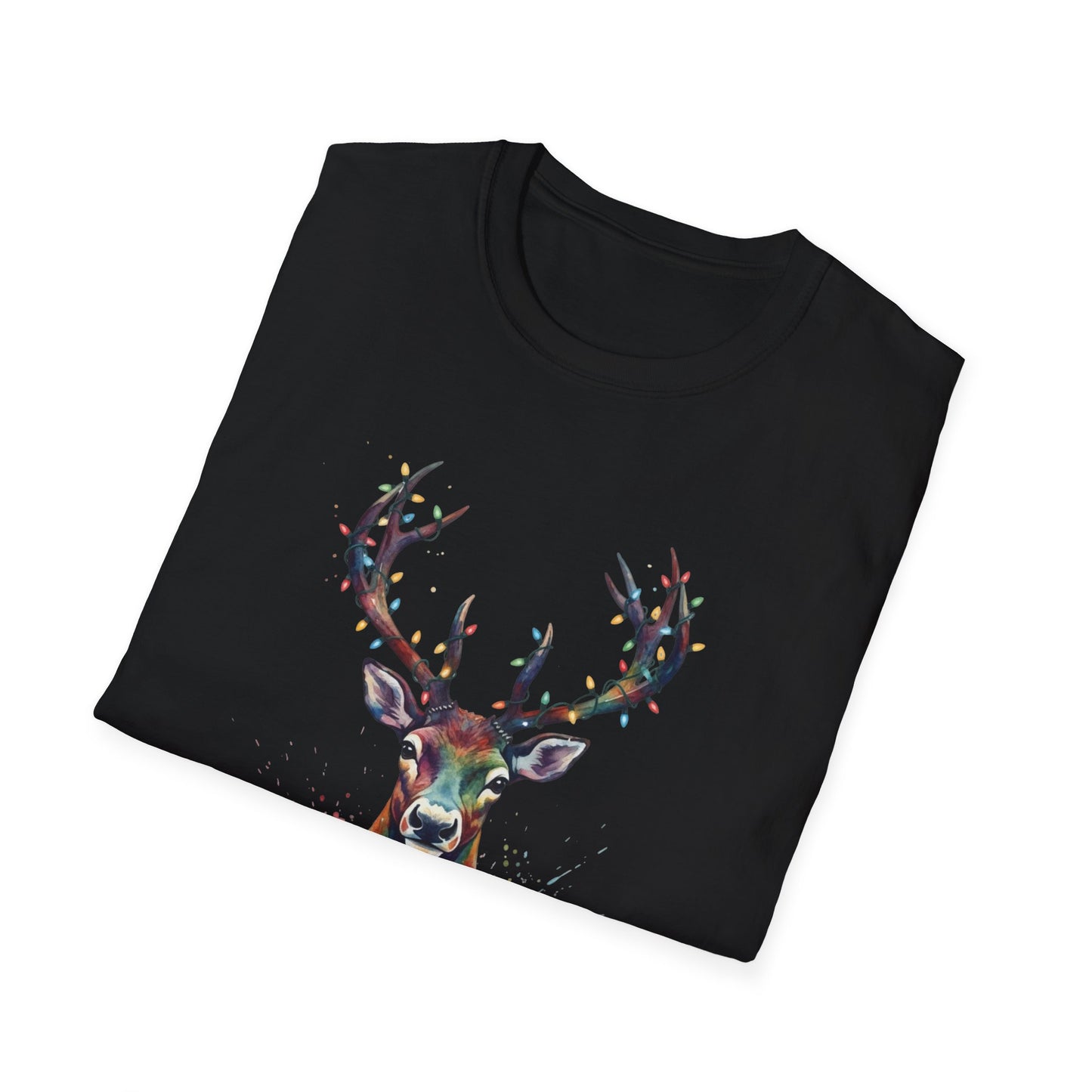 Christmas Deer Shirt, Watercolor Buck T-Shirt, Deer With Christmas Lights Tee, Holiday Wildlife Art Shirt, Colorful Deer Head Xmas Tee