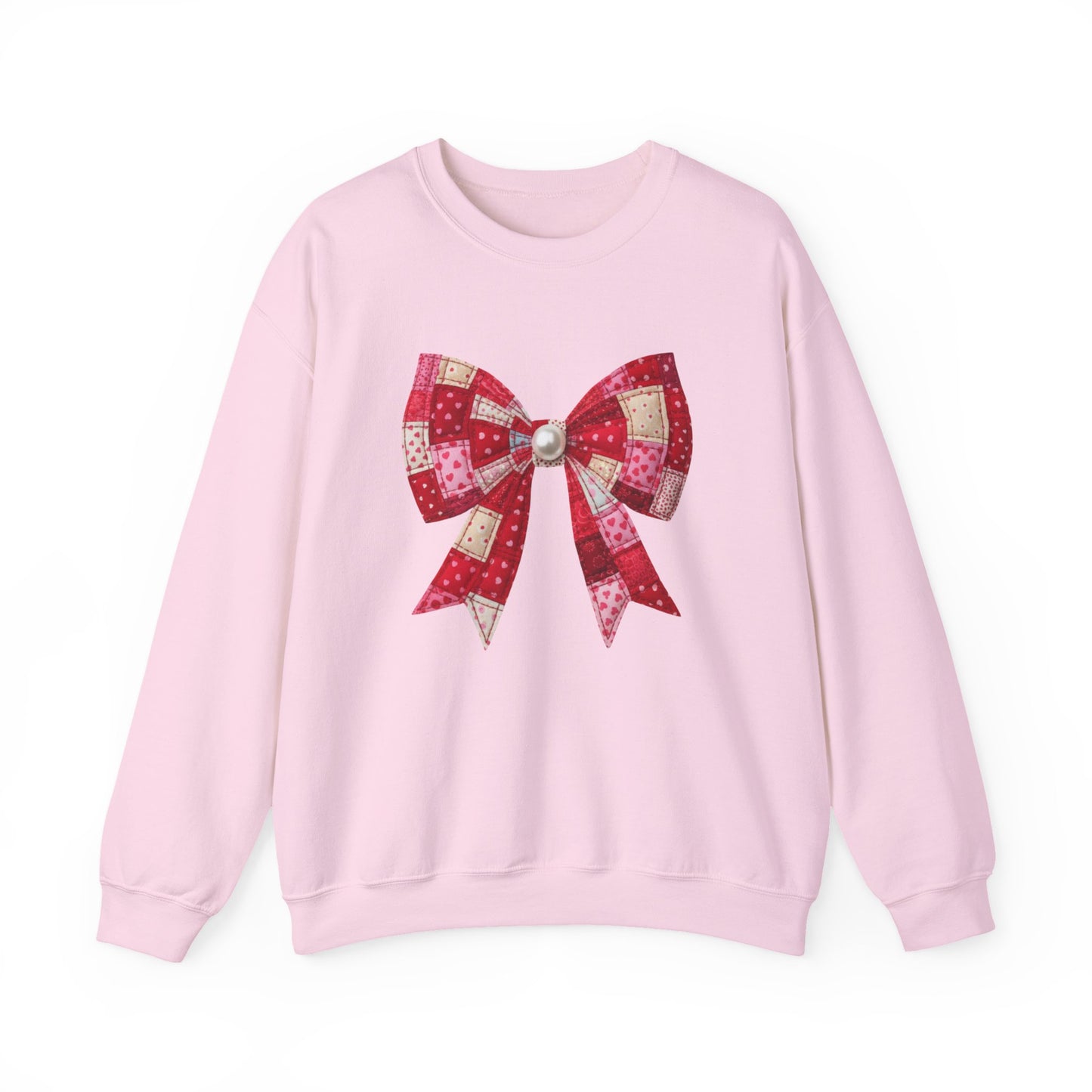 Faux Patchwork Bow Sweatshirt, Quilted Look Bow Crewneck, Pearl Center Bow Pullover, Cozy Coquette Sweatshirt, Girly Gift