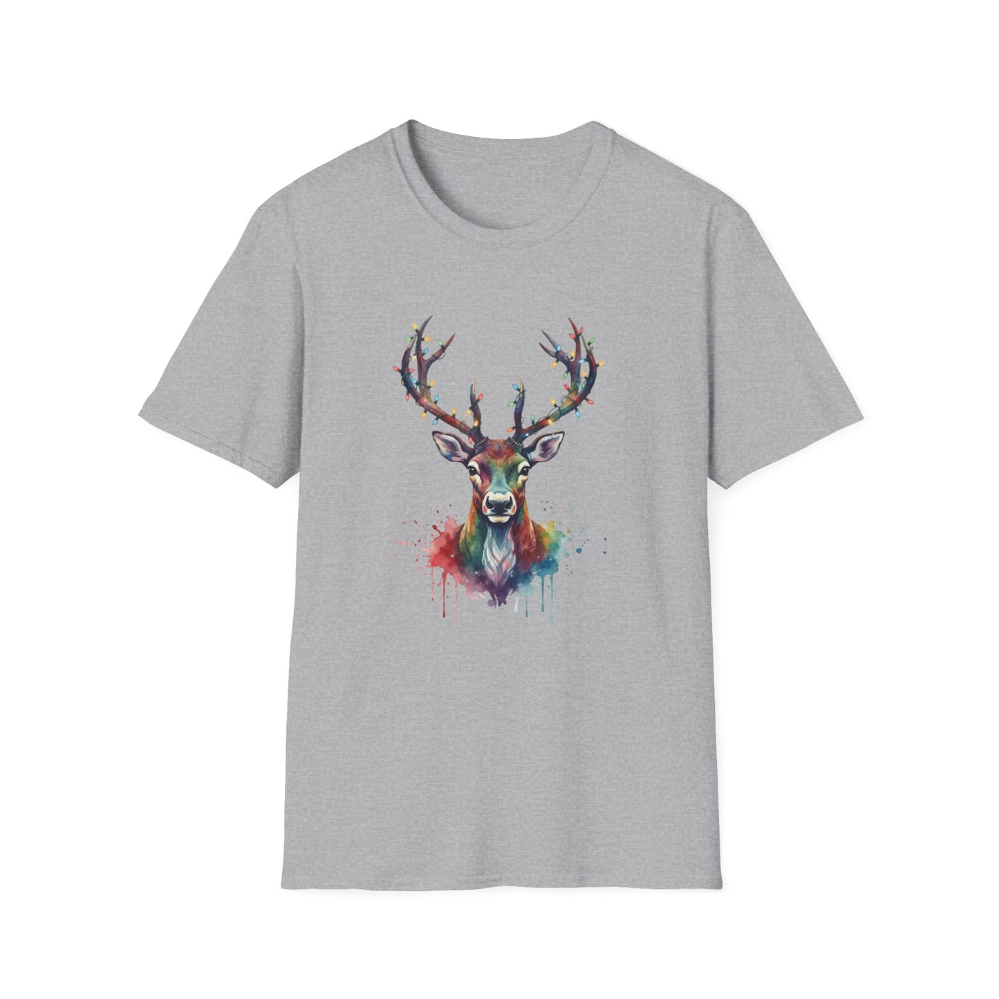 Christmas Deer Shirt, Watercolor Buck T-Shirt, Deer With Christmas Lights Tee, Holiday Wildlife Art Shirt, Colorful Deer Head Xmas Tee