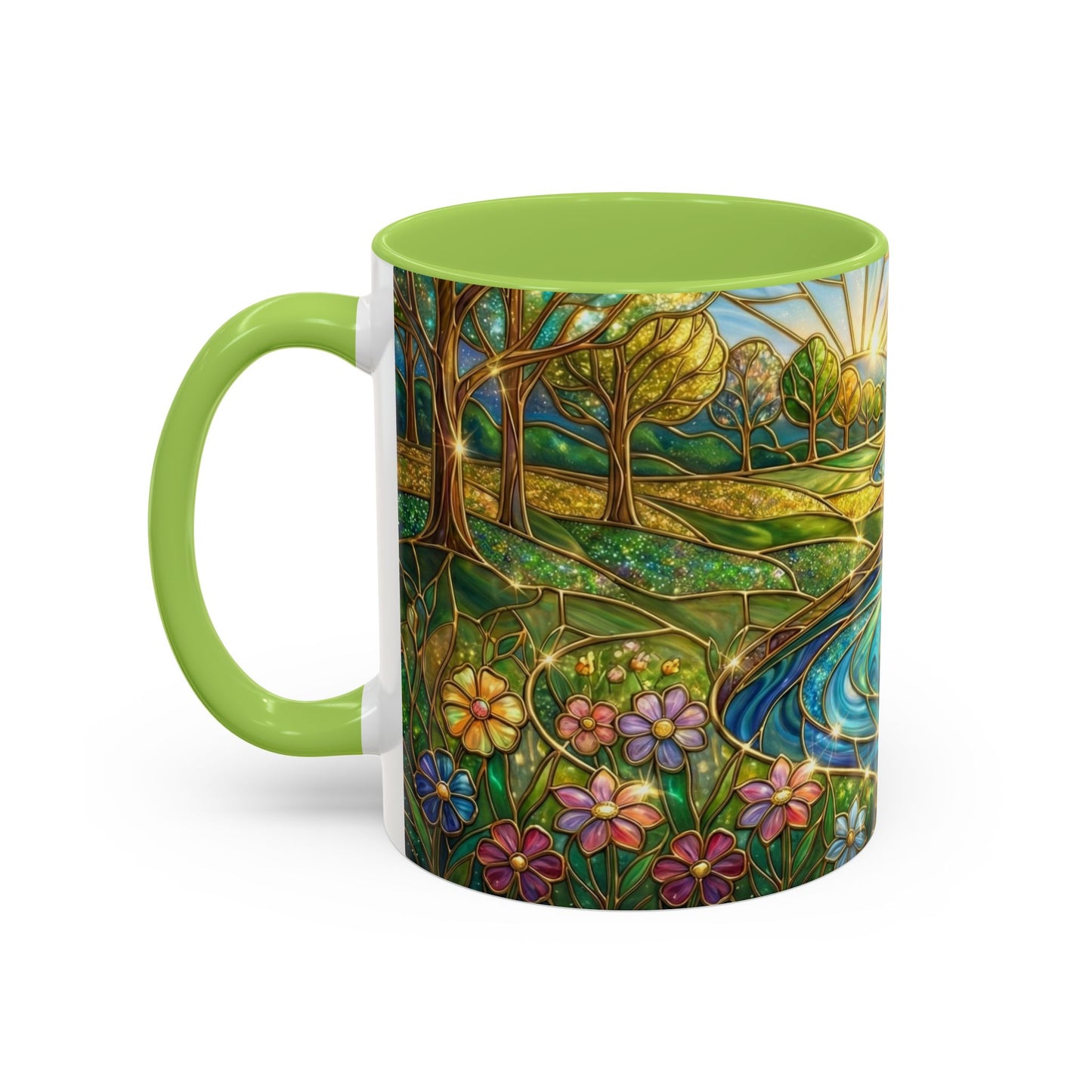 Stained Glass Mug, River Landscape Coffee Cup, Nature Lover Gift, Floral Tea Mug, Gardener Present, Art Teacher Gift, Colorful Scenery Cup