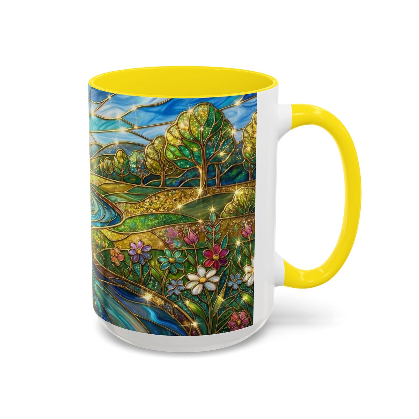 Stained Glass Mug, River Landscape Coffee Cup, Nature Lover Gift, Floral Tea Mug, Gardener Present, Art Teacher Gift, Colorful Scenery Cup