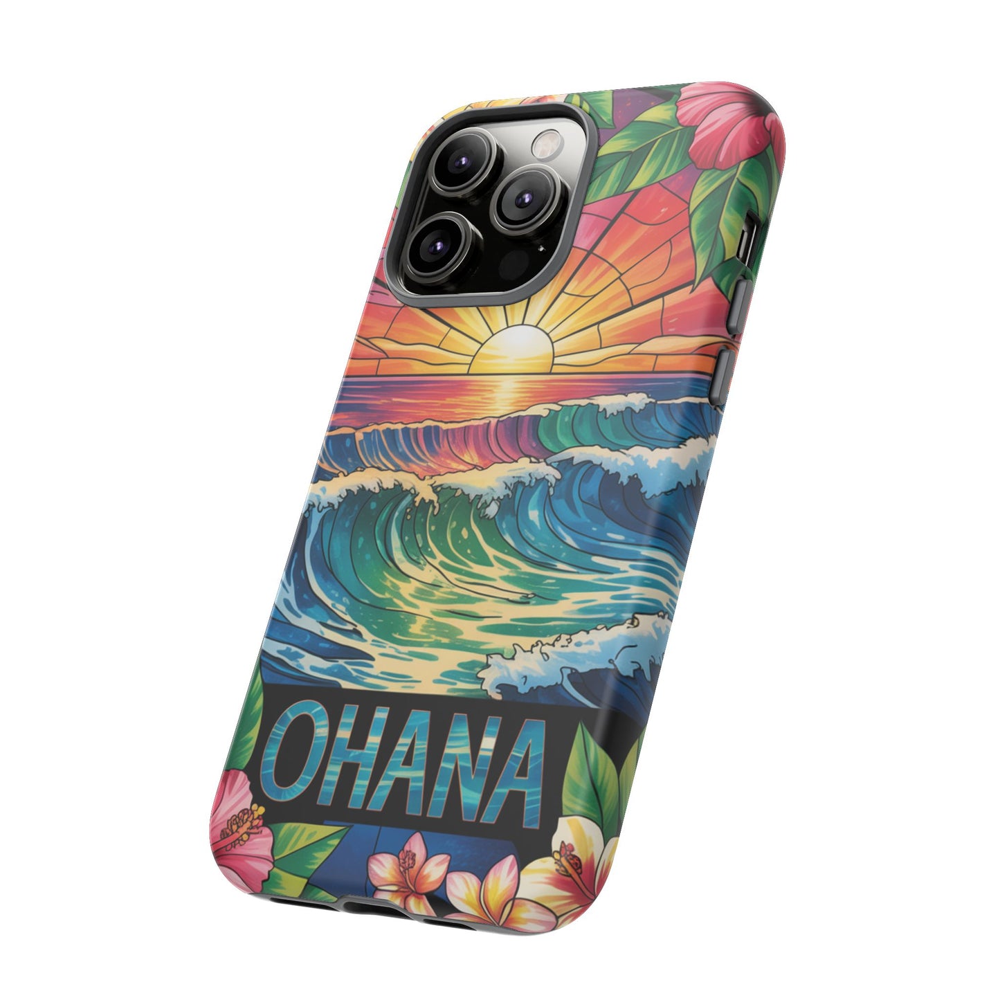 Ohana iPhone Case Tropical Hawaiian Sunset Phone Cover Wave Floral Beach Art Cute Gift for iPhone Lovers