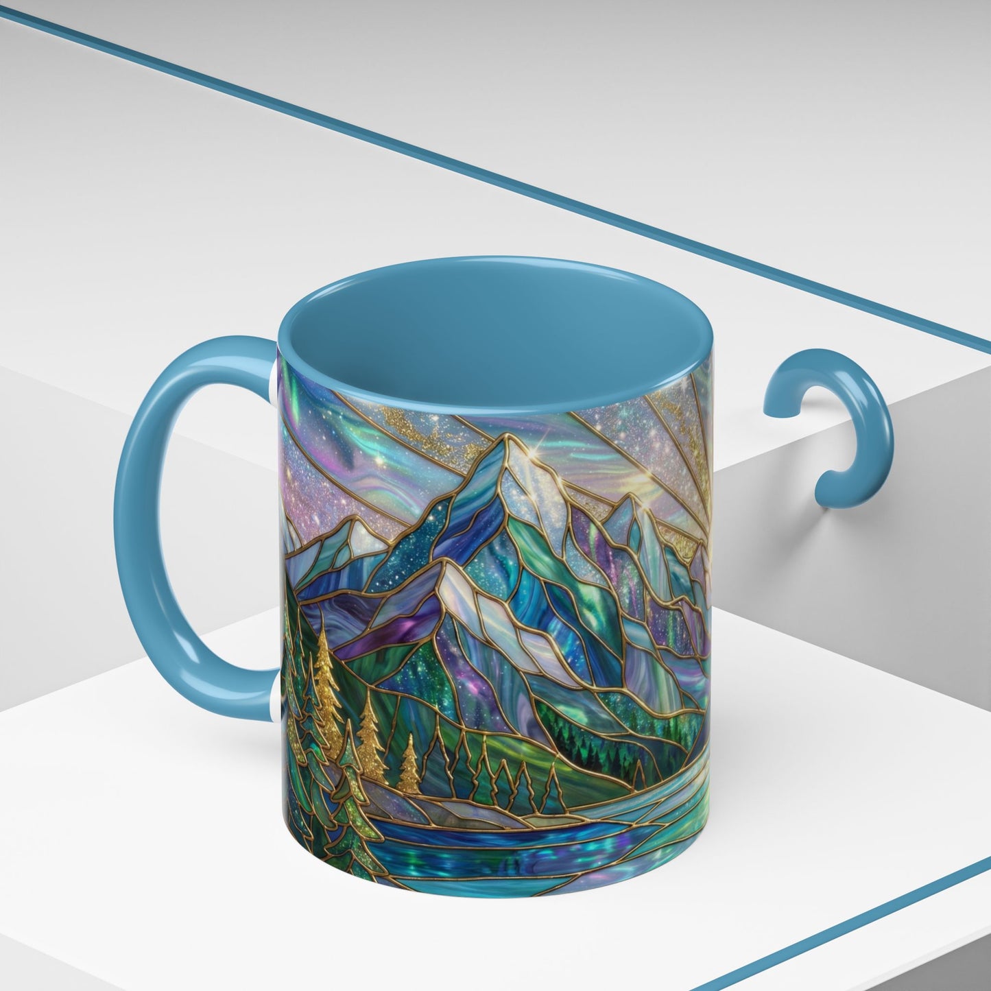 Stained Glass Mountain Mug, Mountain Landscape Coffee Cup, Galaxy Sky Nature Ceramic Mug, Sunrise River Forest Art, 11oz 15oz Gift