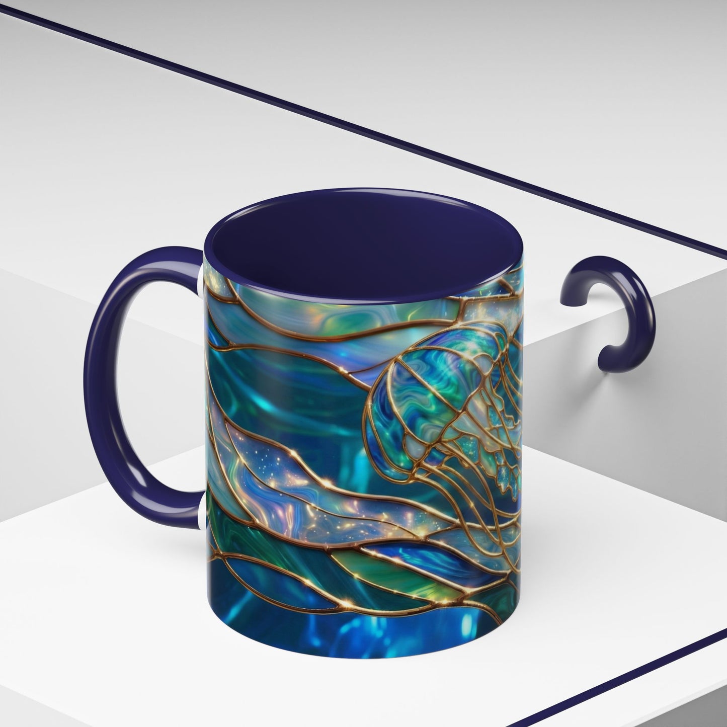 Stained Glass Jellyfish Mug, Ocean Art Coffee Cup, Nautical Sea Life Mug, Blue Teal Gold Glass Style Mug, Gift For Ocean Lovers Decor