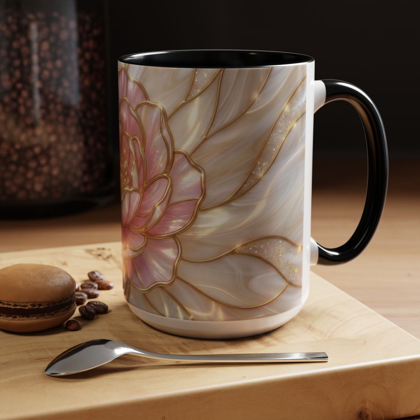 Pink Peony Stained Glass Mug, Gold Floral Coffee Cup, Elegant Flower Gift For Her, Fairycore Tea Cup, Mothers Day Present, Pearl Art Decor