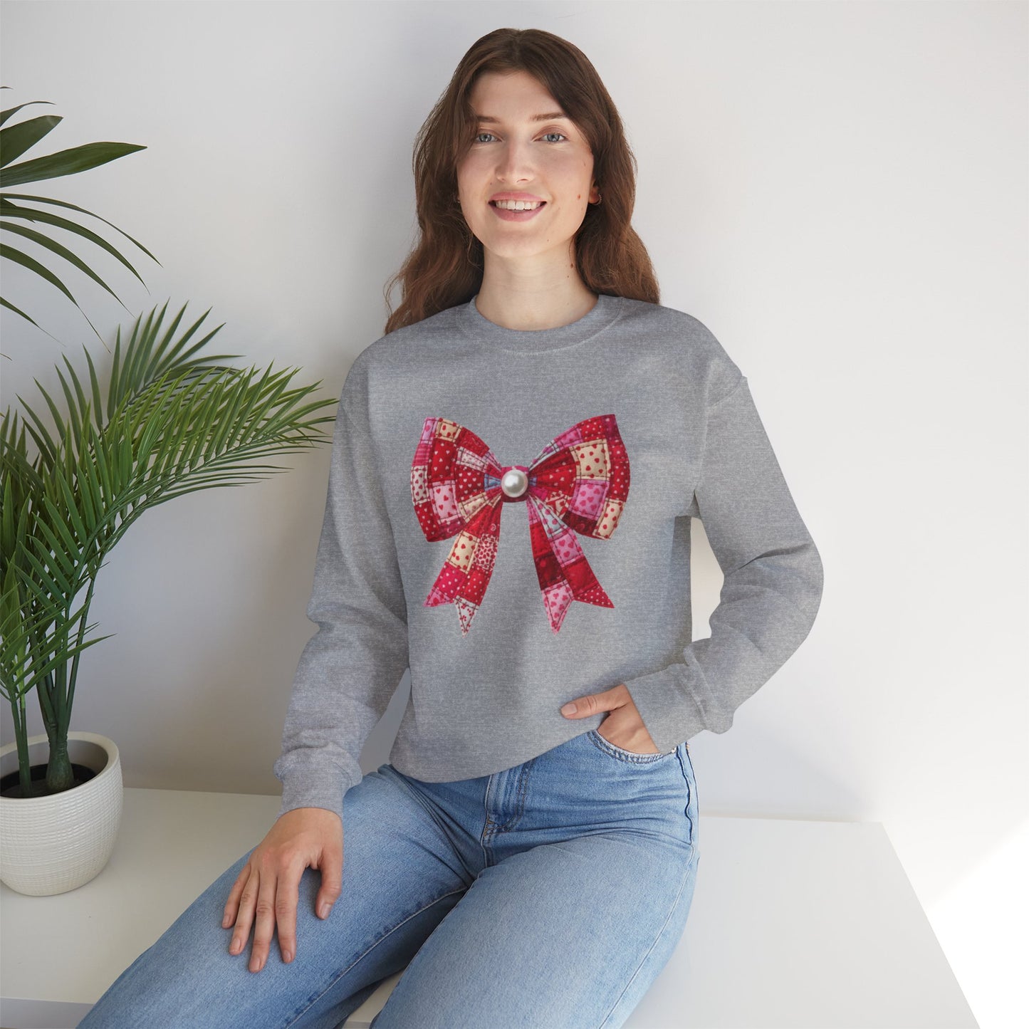 Faux Patchwork Bow Sweatshirt, Quilted Look Bow Crewneck, Pearl Bow Pullover, Cozy Coquette Sweatshirt, Girly Valentine Gift