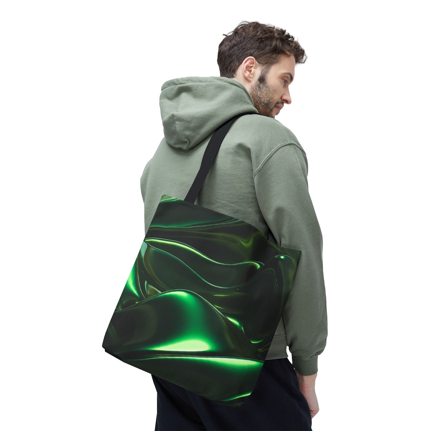 Futuristic Green Tote Bag - Abstract Metallic Wave Art Tote - Glossy Cyber Aesthetic Bag, Techwear Vibes, Edgy Gamer Gift, Trendy Street Style