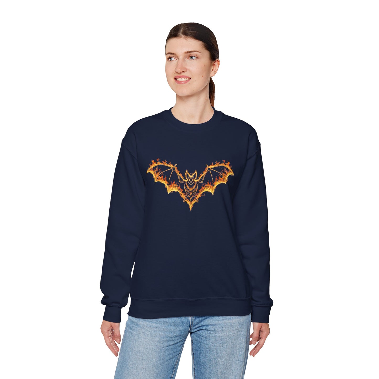Flaming Bat Sweatshirt - Halloween Spooky Season Graphic Crewneck, Fiery Bat Design, Gothic Fall Fashion, Spooky Gift