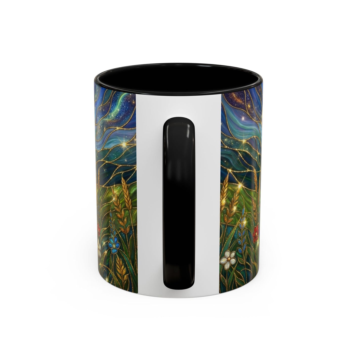 Stained Glass Deer Mug, Woodland Art Coffee Cup, Nature Forest Mug, Blue Green Gold Glass Style Mug, Gift For Nature Lovers Decor