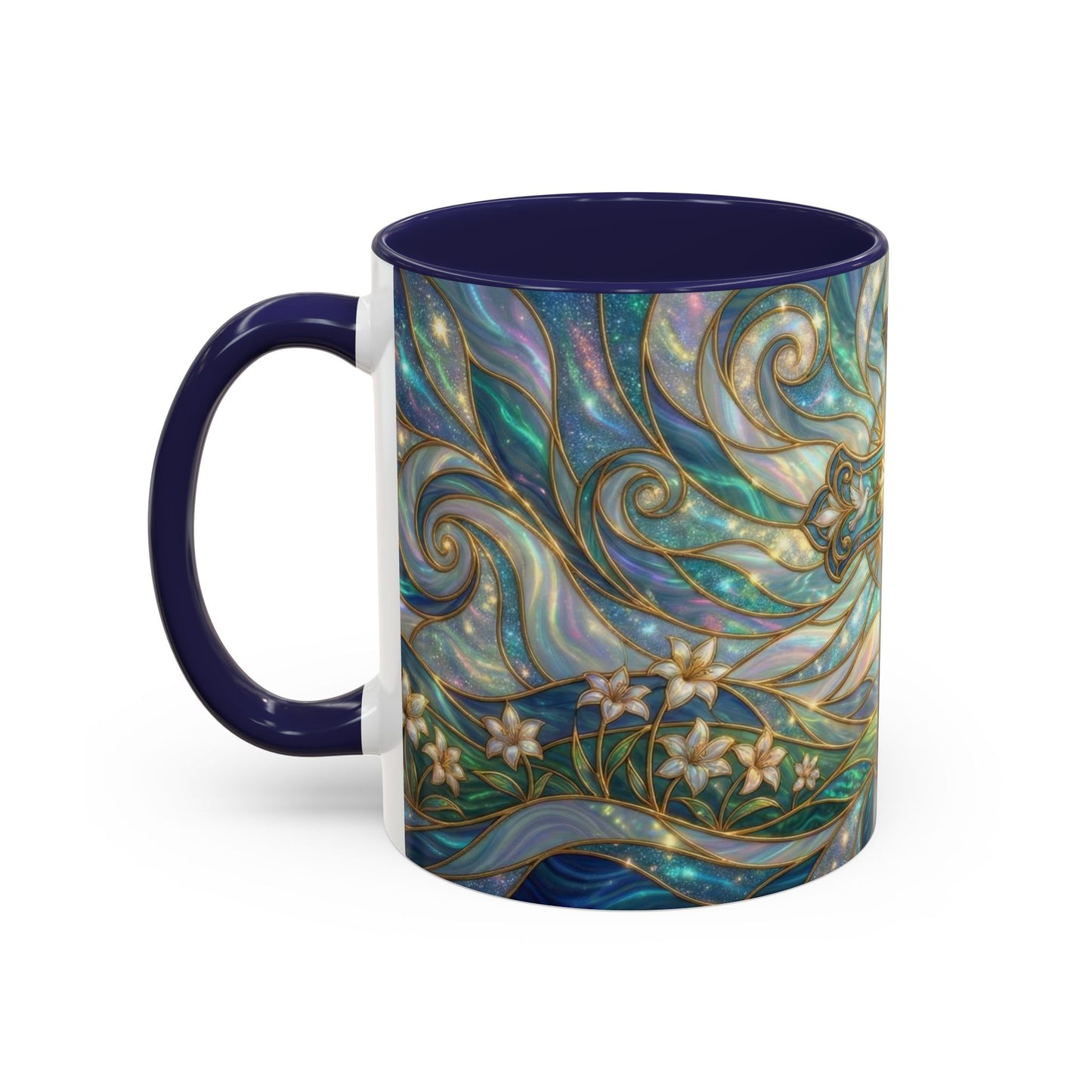 Stained Glass Cross Mug, Christian Coffee Cup, Religious Easter Gift, Celestial Faith Mug, Spiritual Sunrise Cup, Dove Lily Print Mug