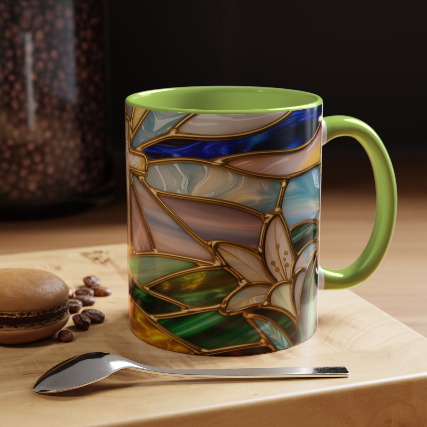 Stained Glass Cross Mug, Christian Sunrise Coffee Cup, Religious Floral Art Mug, Inspirational Faith Gift For Women, Colorful Stained Glass Design