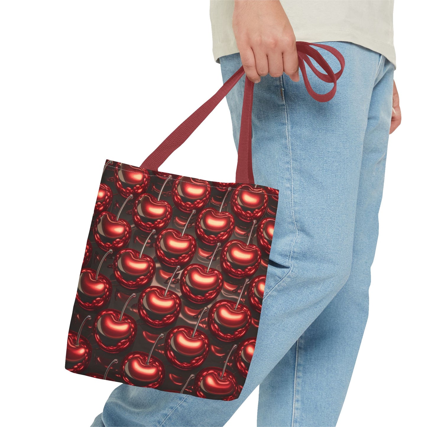 Glossy Cherry Pattern Canvas Tote Bag – Retro Black & Red Cherry Print, Coquette Cottagecore Aesthetic Shopper Tote, Fruit Lover Gift