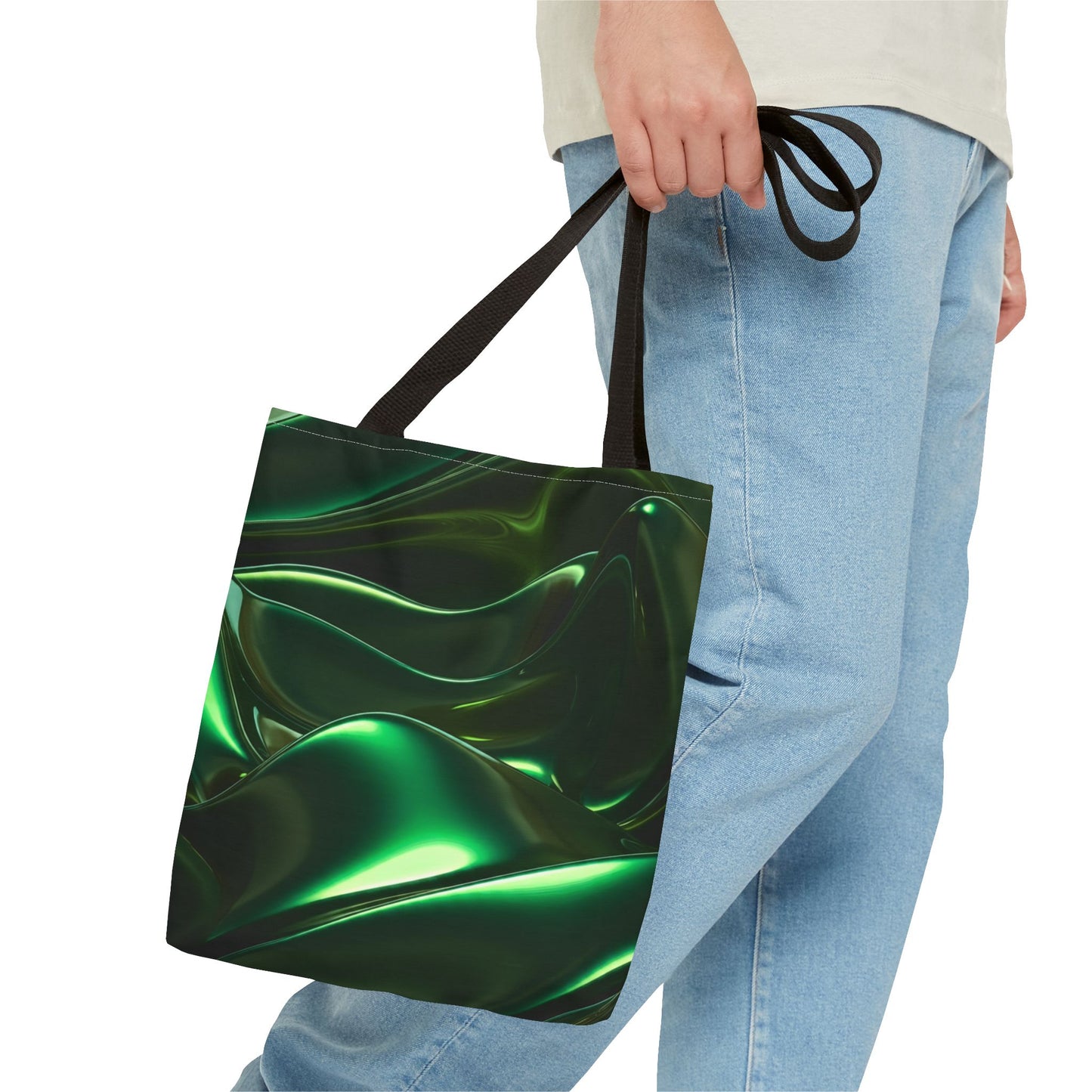 Futuristic Green Tote Bag - Abstract Metallic Wave Art Tote - Glossy Cyber Aesthetic Bag, Techwear Vibes, Edgy Gamer Gift, Trendy Street Style