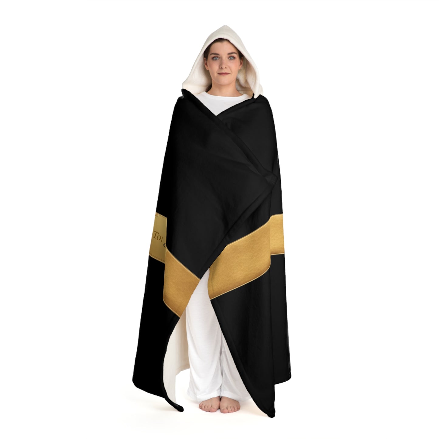 Custom Name Hooded Sherpa Blanket – Luxury Gift Wrap Design, Christmas Gift, Cozy Personalized Blanket w/ Gold Bow, Holiday Name Blanket