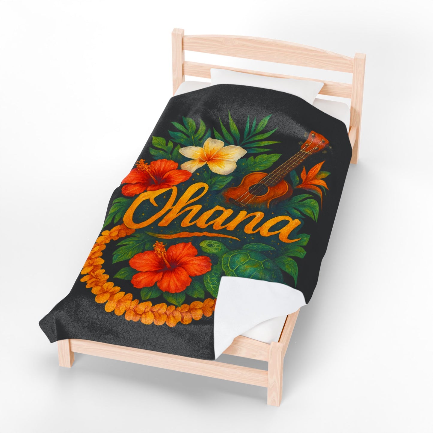 Ohana Hawaiian Blanket - Tropical Floral Turtle Ukulele Throw - Polynesian Island Bedding - Hawaii Gift - Cozy Beach Vibes Decor