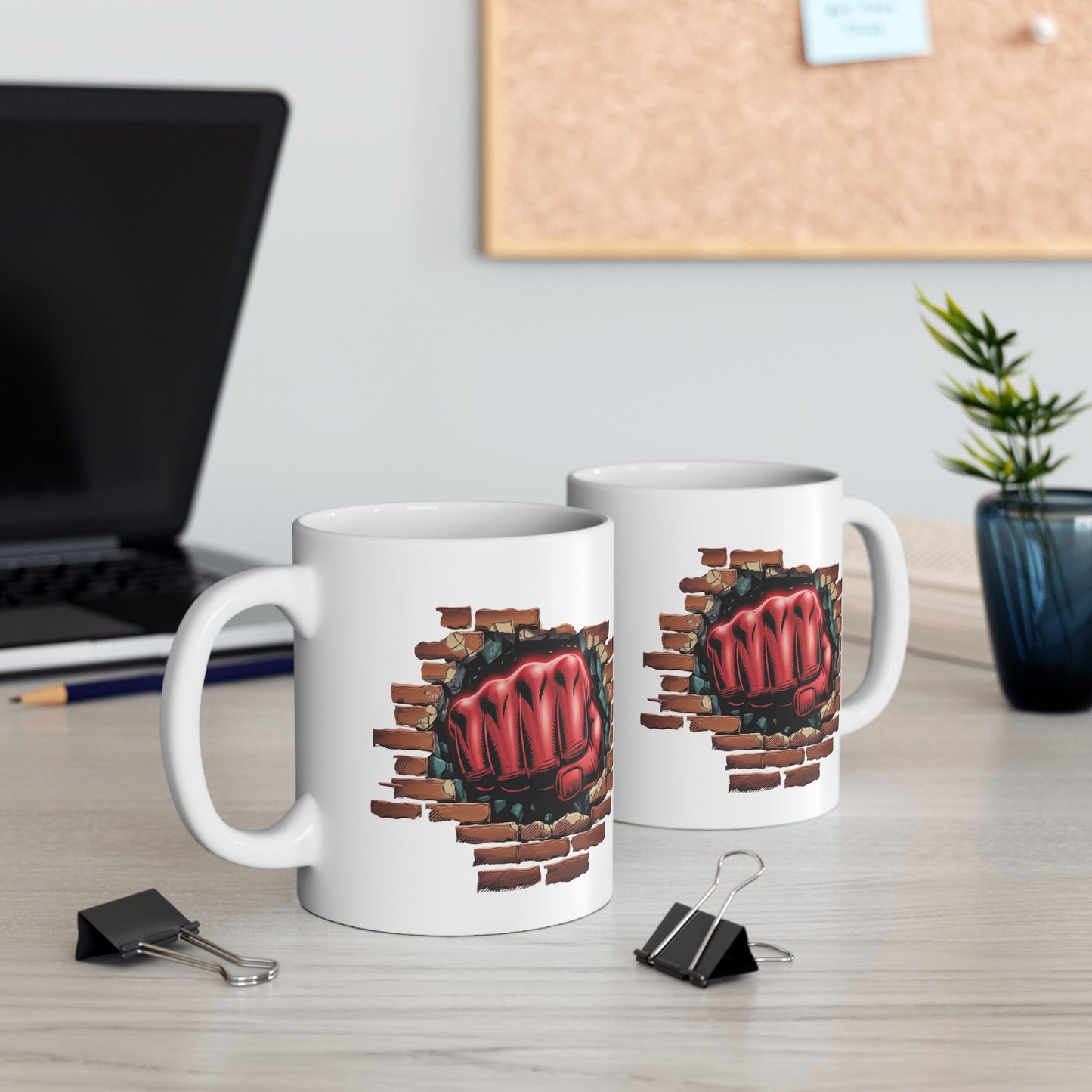 Red Fist Breaking Through Brick Mug – Bold Graphic 11oz or 15oz Ceramic Coffee Cup – Edgy Statement Gift for Him or Her, Cottagecore & Galaxy Aesthetic