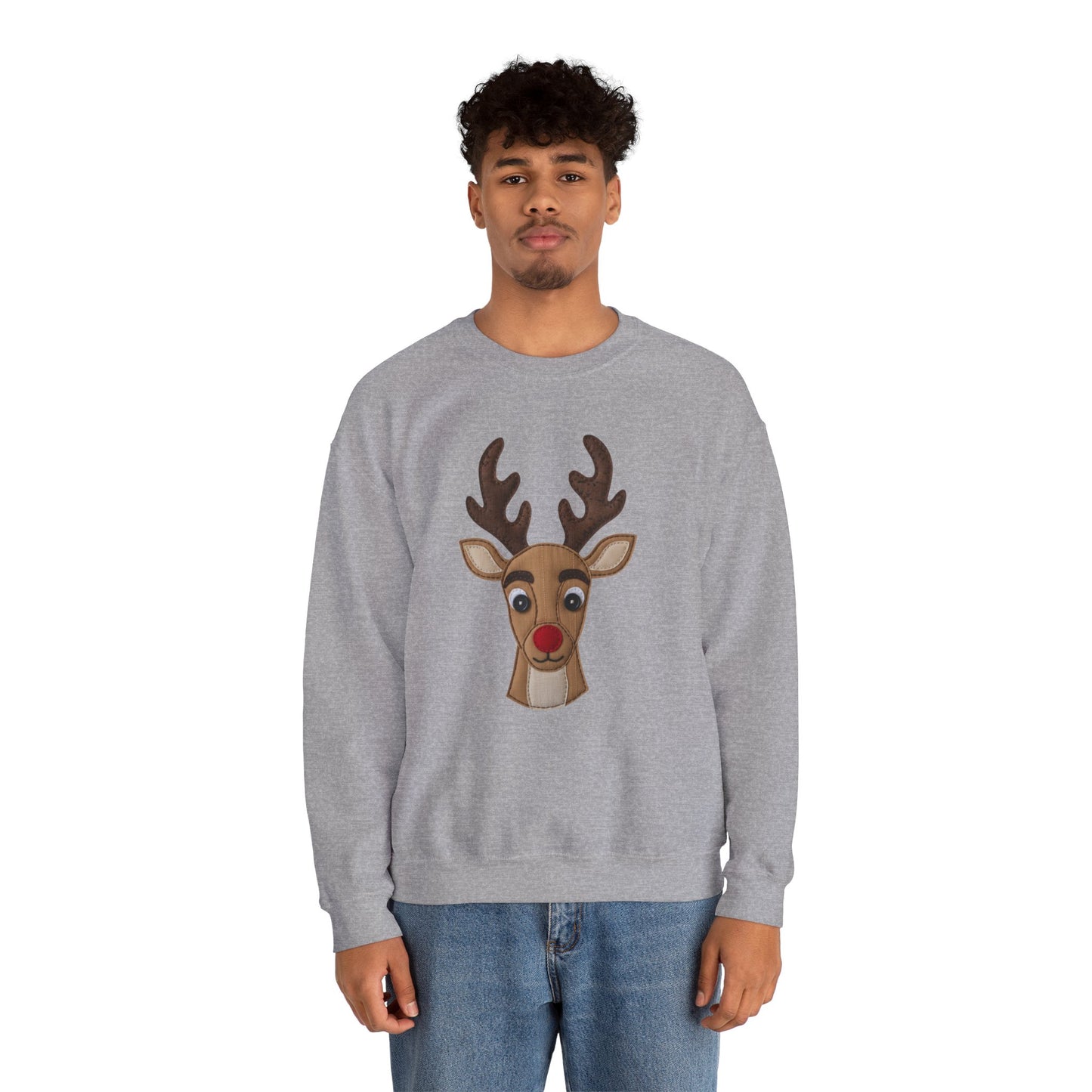 Faux Patchwork Rudolph Sweatshirt, Cute Reindeer Christmas Crewneck, Cozy Holiday Pullover, Winter Reindeer Sweater, Xmas Gift for Women