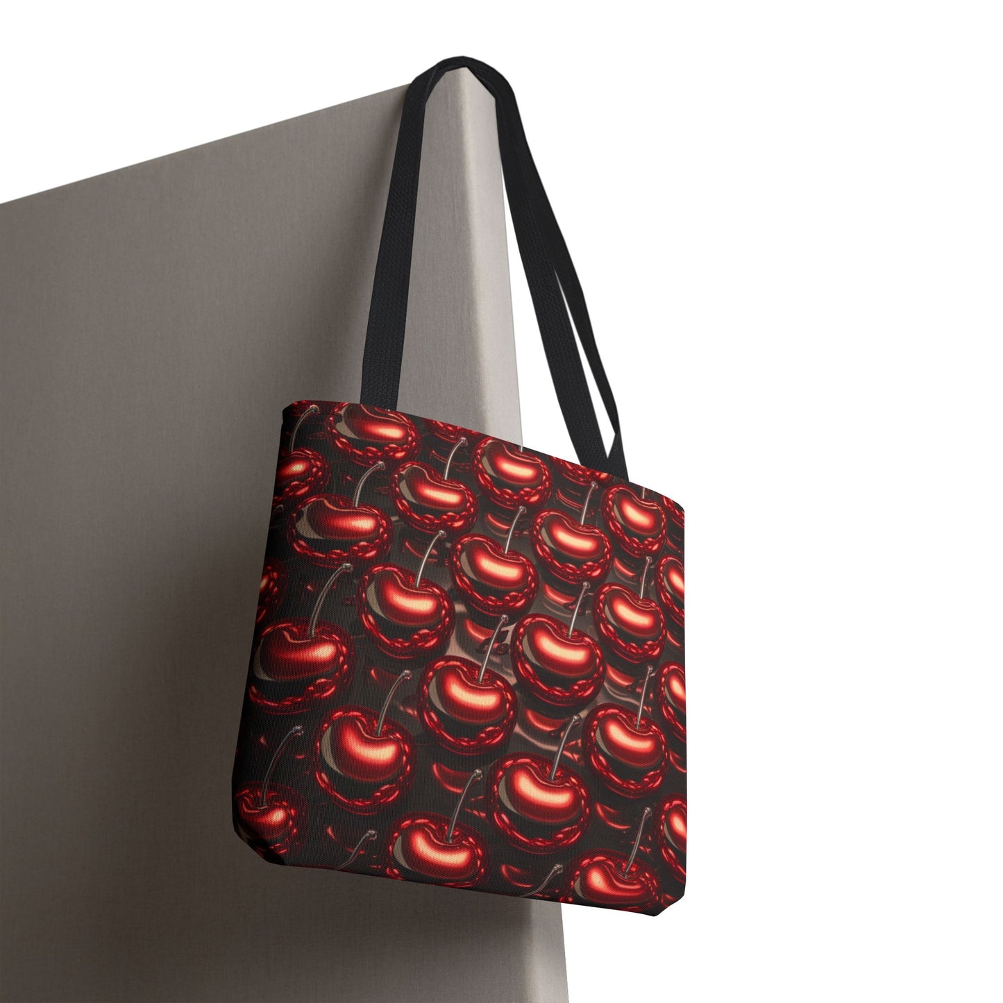 Glossy Cherry Pattern Canvas Tote Bag – Retro Black & Red Cherry Print, Coquette Cottagecore Aesthetic Shopper Tote, Fruit Lover Gift