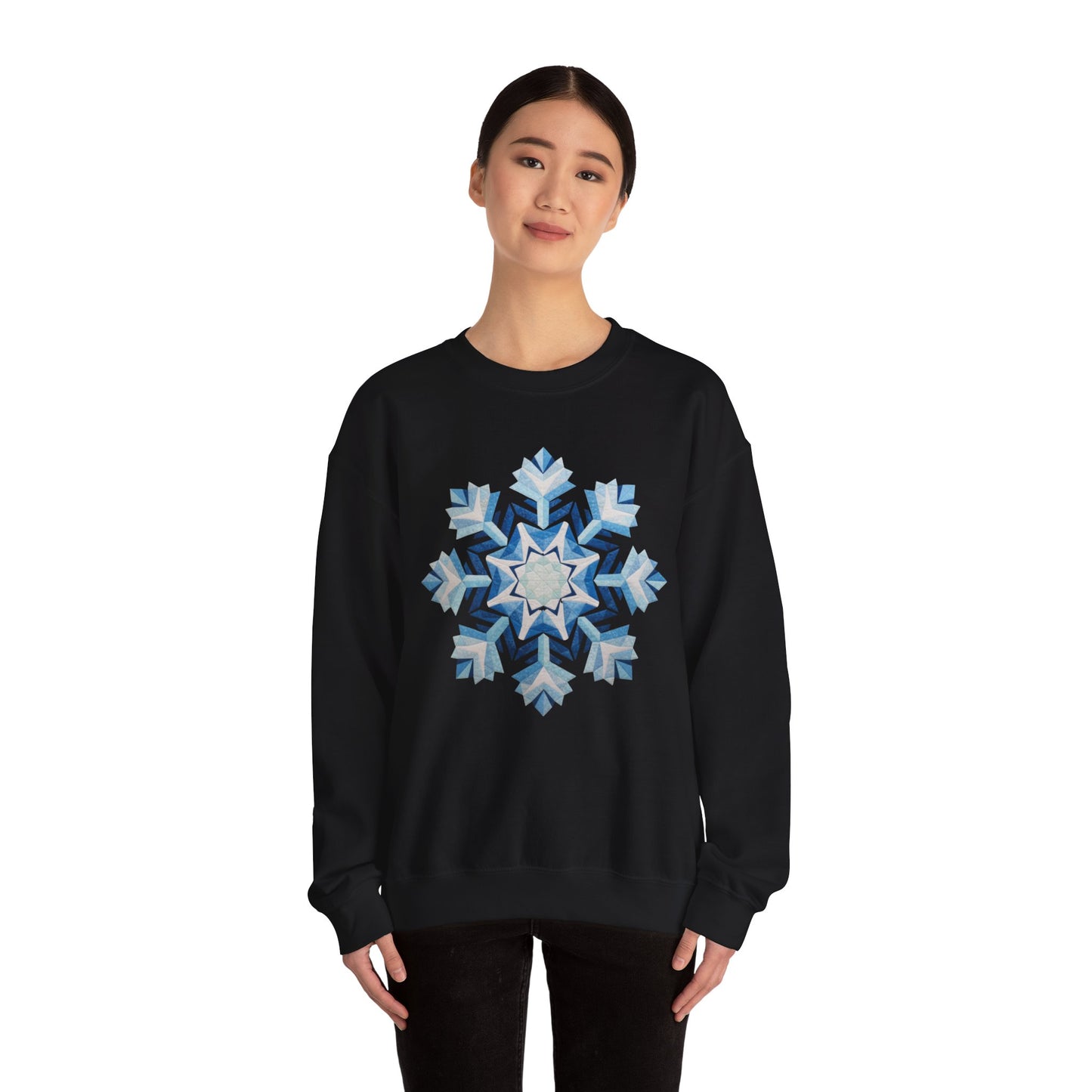 Faux Patchwork Snowflake Sweatshirt, Winter Snowflake Crewneck Unisex, Cozy Holiday Patchwork Sweatshirt, Nordic Snowflake Winter Pullover